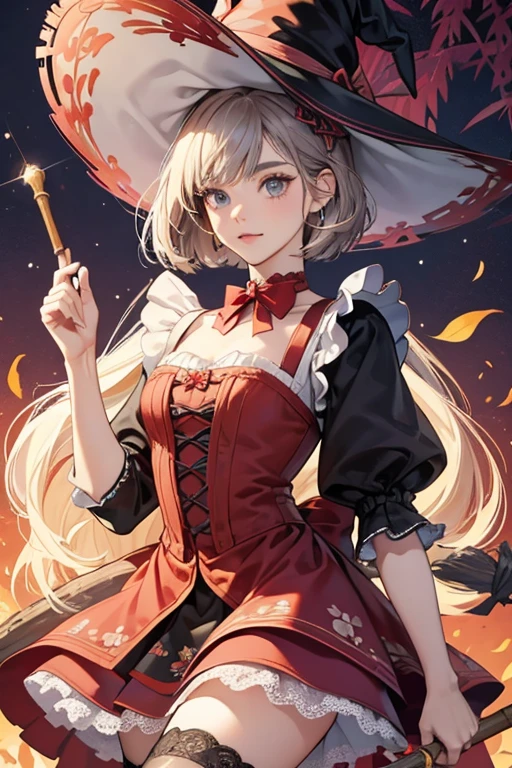 Anna wears her hair in a neck length short bob hairstyle. the bodice and sleeves of the dress are one color while the chest and hem of the dress match one another in a different color. Anna also wears a matching choker. Similar to the maid outfit, Anna wears stockings with garters, this time paired with boots that are cuffed and reach her mid calf. In this outfit, Anna wears a witch's hat with lace around the brim, floral patterning on the underside, and a bow at the back with a matching floral pattern. Anna also carries a witch's broom on her back with a red bamboo handle and a red bow with black lace at the edges. SPARKLE; GLITTER