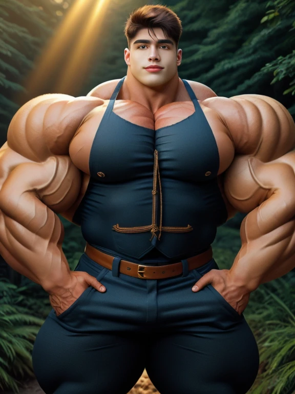 1boy, giant, model shoot style, looking at viewer, standing, illuminating light, golden hour, outdoor, strong body, bulk, swollen, buff body, large size, wide pecs, huge arms, vascular, posing, in the forest, suspender, belt, & pants, prominent bulge, brutalmass