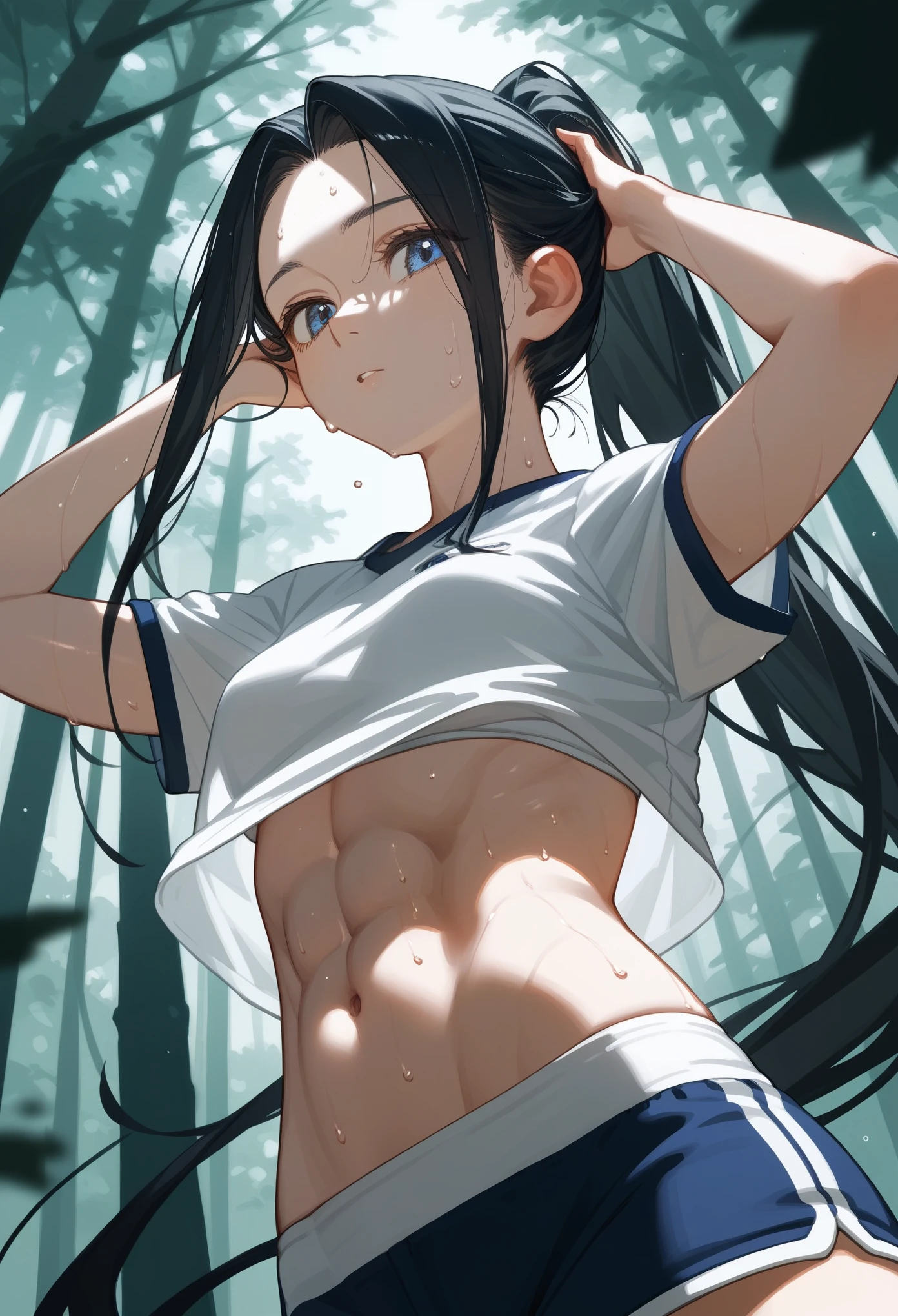 masterpiece, T-ponyai3 style, zoom out, score_9, score_8_up, score_7_up, portrait, very aesthetic , absurdres, 1girl, solo, black hair, tied hair, ponytail, long ponytail, parted bangs, dark blue eyes, innexpressive, pale skin, small breasts, upper body, white shirt, gym shorts, old fashioned, abs, sweating, sfw, hand over hair, curvy, below view, forest, daytime, best quality