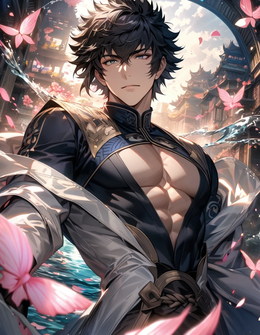 Ultra detailed, Highres, absurdres, HDR, master piece, Lon'qu, black hair, expressive silver eyes, Fire Emblem Awakening, white long coat with patterns, pink flowers, petals, extremely handsome, sexy man, solo, very detailed eyes and face, black gloves, water, pink butterflies, black tight t-shirt, glittering, toned chest,