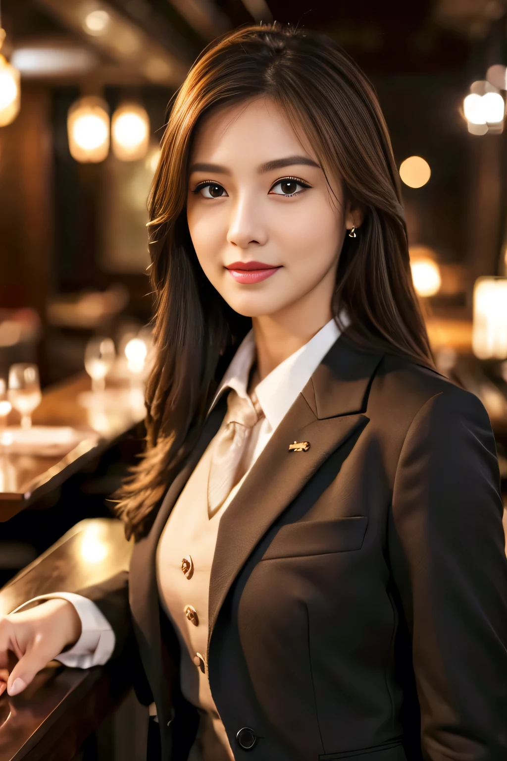 masterpiece, highest quality, Realistic, Very detailed, Finer details, High resolution, 8k wallpaper, One beautiful woman, Wear casual business attire, In a great restaurant, At night, Light brown messy hair, Perfect dynamic composition, Beautiful and beautiful eyes