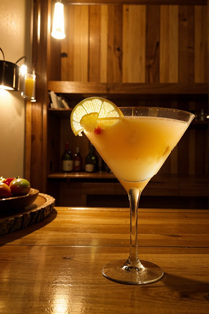 Crea una imagen de un coctel martini de sidra sobre una mesa de madera