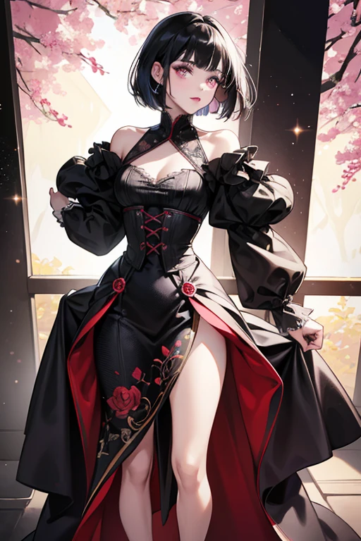 Anna wears her hair in a neck length short bob hairstyle. This outfit consists of a long dress with a slit along Anna's left leg, a deep v-neck collar with a bustier revealed underneath, and a standing elizabethan collar. On the shoulders and hems of the sleeves, there is an embroidered pattern, and a matching pattern is on the upper back of the dress. At the hem of the front and back of the dress is vine-like embroidery, the front is joined by diamond-shaped patterning along the front center of the dress, with this same pattern on the inner lining of the dress. This outfit comes with a matching makeup customization which gives Anna's face a pale complexion, brightens her irises, and has her wearing black lipstick. SPARKLE; GLITTER
