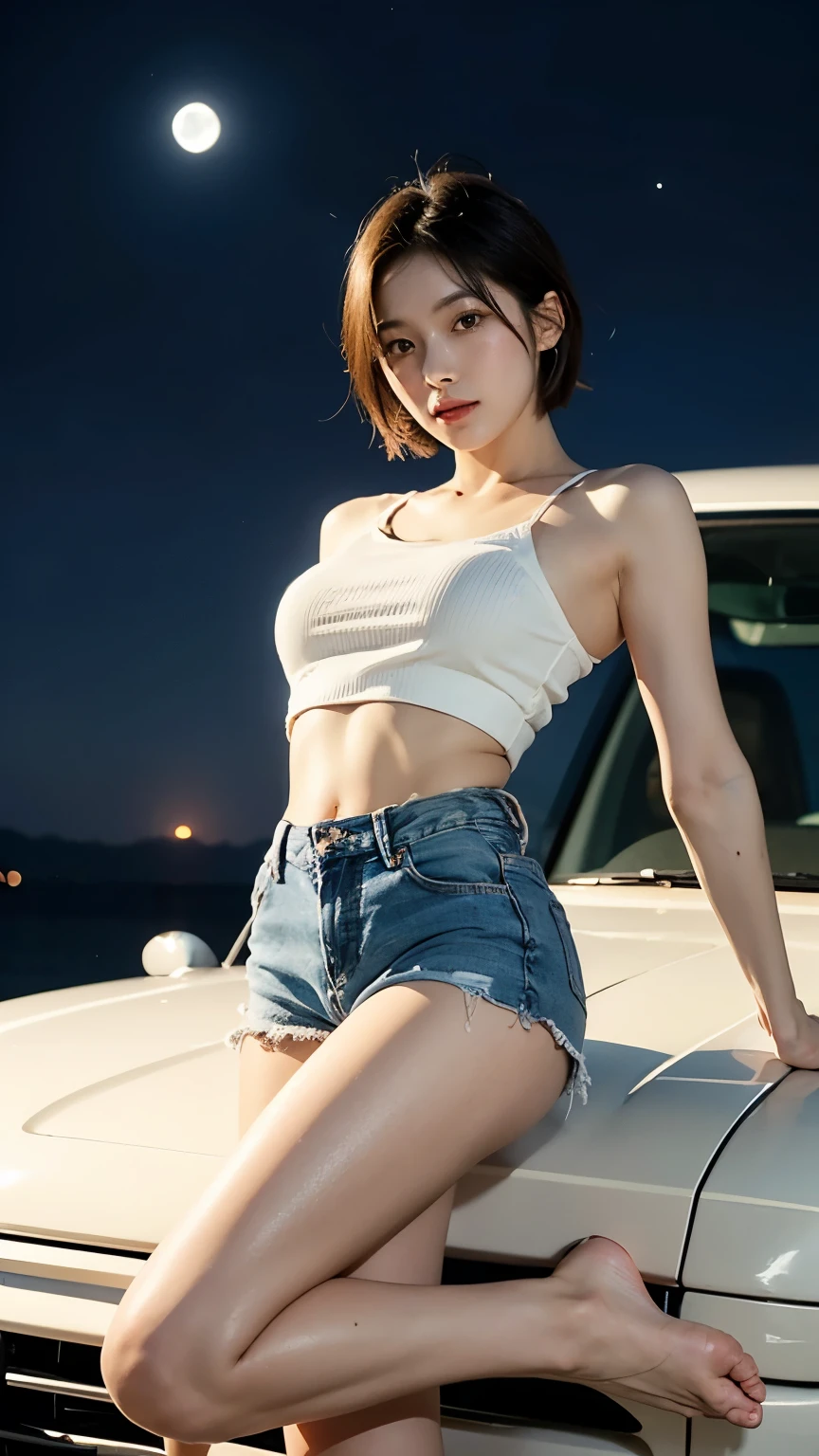 ((best quality)), ((masterpiece)), (detailed), perfect face, korean, girls neat short hair cut style, jang won young face, detailed eyes, stretching poses, armpit, raise arm, beautiful bare feet, beautiful leg, nice ass, nice abs, muscular, Thread veins, shiny down, glowing skin, sweaty face wet body, wet skin, white and beige cream short clothes, short beige cream jeans, sit on the bonnet of a car, seaside, night sky, dawn, northern lights, large moon, moonlight falls, halo