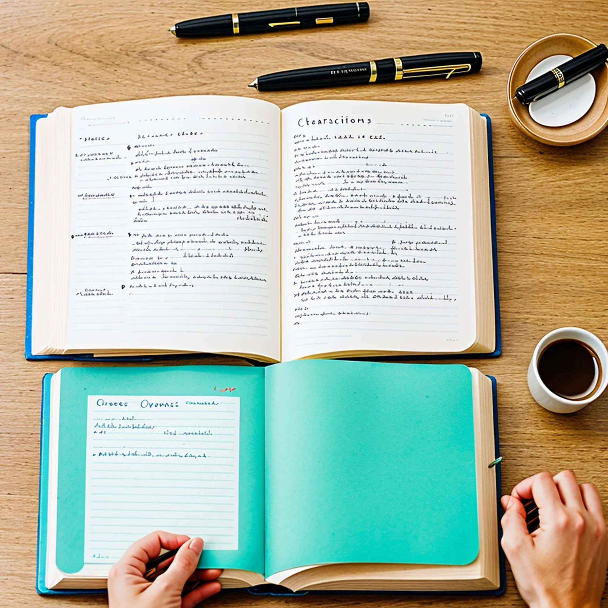 Open books, pens,hands, illustrations，Close-up screen，classroom  background