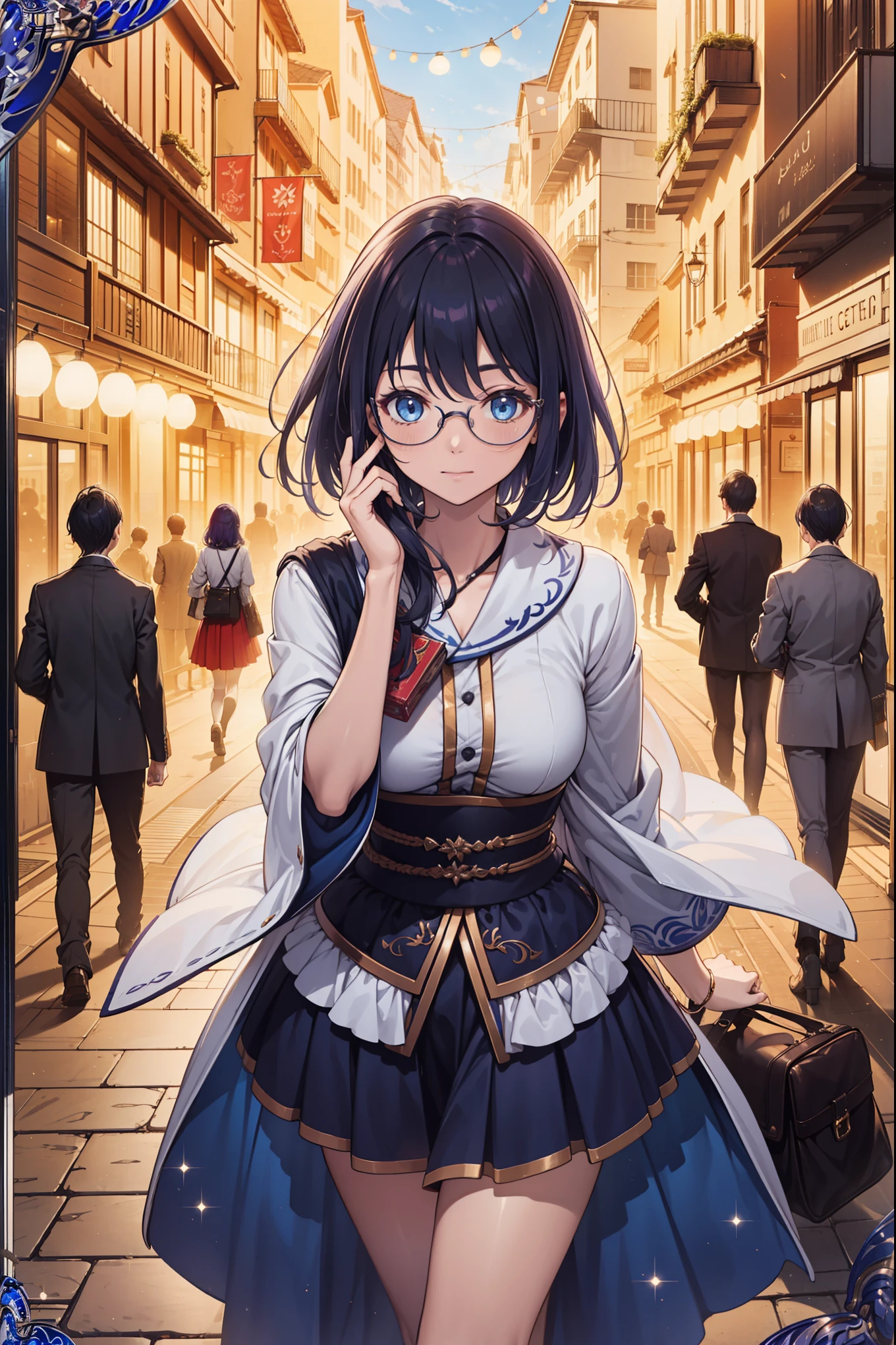 (Best quality, A high resolution, Textured skin, High quality, High details, High details,Extremely detailed CG unity), (female) Enchanted,having fun,Being in love,philosopher in fantasy world, purple hair, blue eyes, short hair, bangs, hair decoration, mini skirt, wearing glasses, professional clothing, mature body, female philosopher, solo person,Dazzle, woman, beautiful, (in city center), playing chess, (detailed city center)