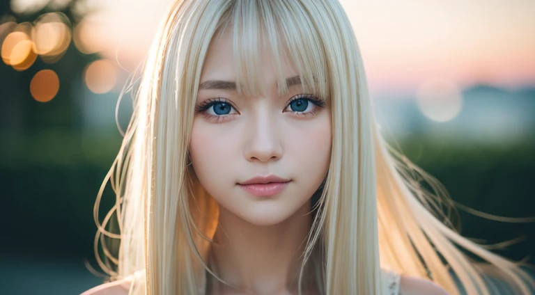 A light smile、night、Original photo、(((Very beautiful portrait)))、((Glowing Skin))、1 girl、The most beautiful 15-year-old girl in Prague、((Shiny platinum blonde hair))、[Big bright blue eyes]、Glowing Skin、Silky super long straight hair、Eyeliner、Long Bangs、Hair between the eyeasterpiece、quality、Super detailed、Cinematic Lighting Lamp Light、Intricate details、High resolution、8k、Very detailed))、This Background、8K超High resolution、Digital SLR、Soft Lighting、高quality、Film Grain、XT3 、Shallow depth of field、Natural soft light、（Without the use of hands）、Shang Ming、Serme、