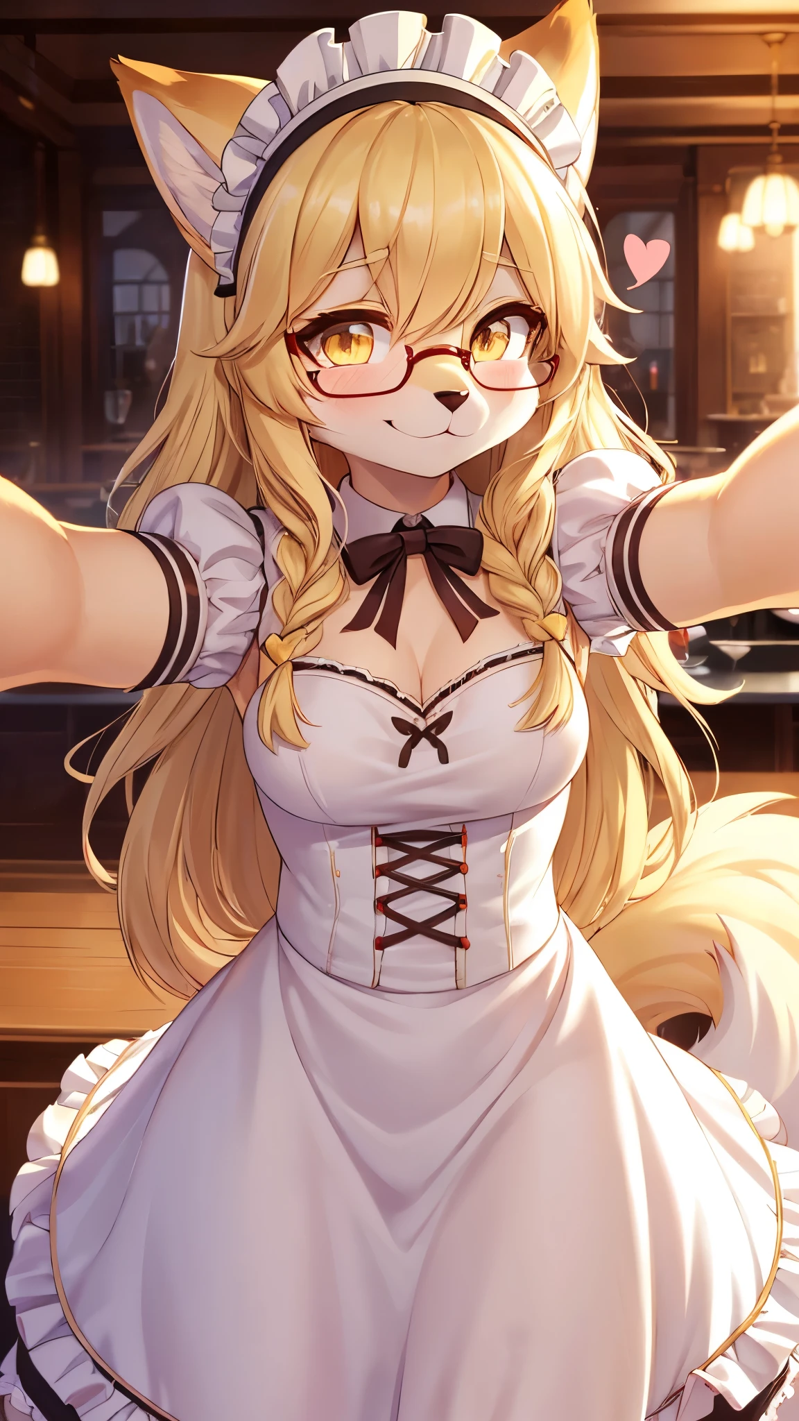 best quality,best resolution,(fluffy anthro furry :1.6),fox girl,small breasts,light yellow hair,long hair,wavy hair,curvy hair,light yellow fur,glistering eyes,sparkle eyes,glasses,maid outfit,maid headdress,maid gloves,ruffles,beautiful cafe,white light,looking at viewer,full face blush,sexy face,smile,heart eyes,heart expression eyes,close up,face to face,solo,two hands selfie,front view,heavy breath