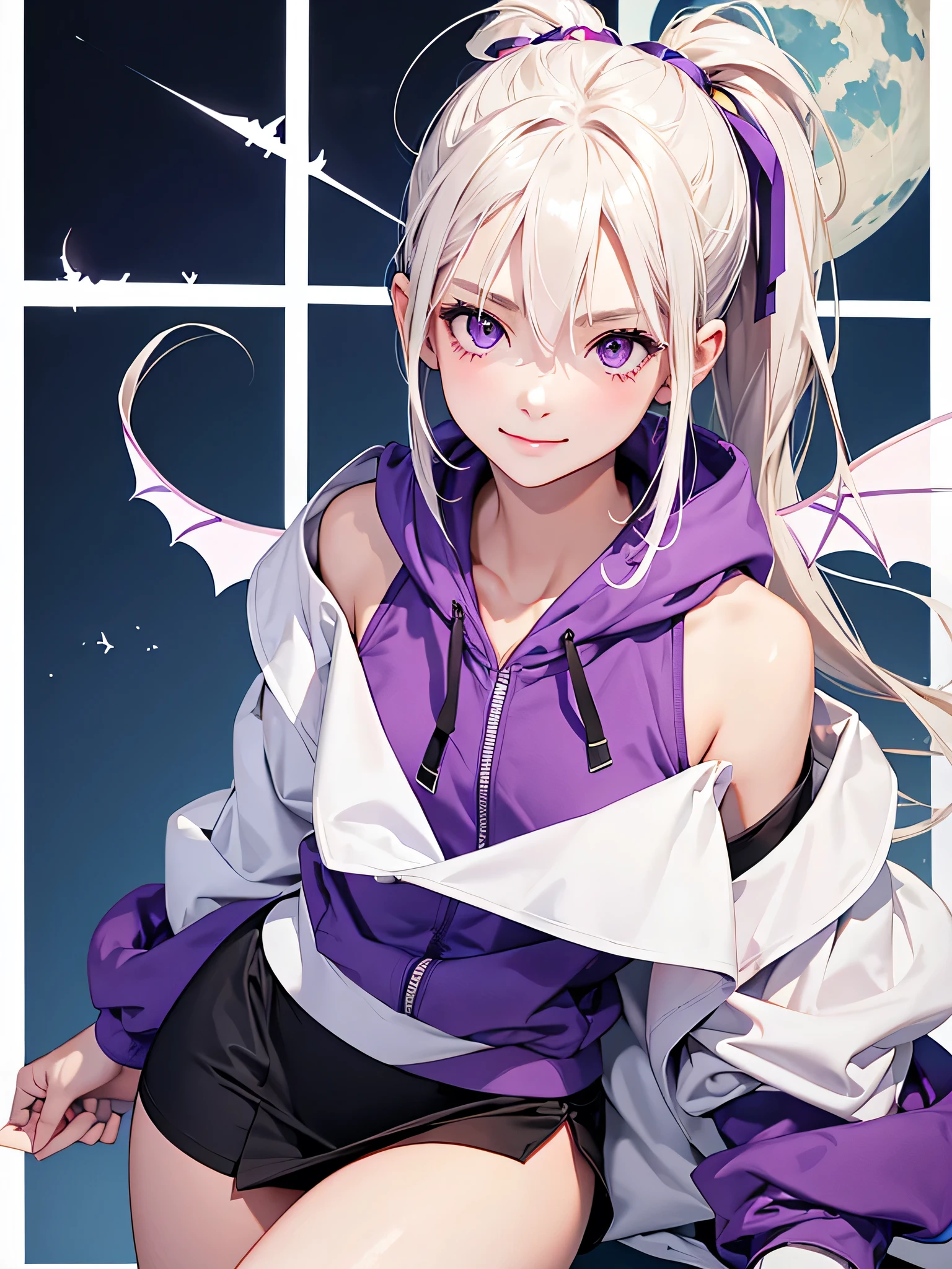 highest quality、Realistic、Women、Japanese、zoom、look up、cute、smile、Purple eyes、Platinum Blonde Hair、long ponytail、tooth、Bat Wing、White sleeveless hoodie、mini skirt、slender、Small breasts