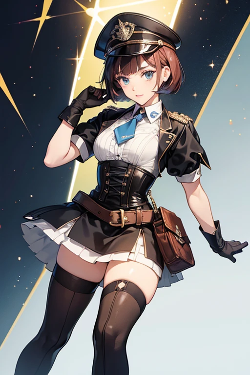 Anna wears her hair in a neck length short bob hairstyle. nna wears a short dress with short, cuffed sleeves unbuttoned to the chest with a loosely done tie around her neck. Over the dress, Anna wears a corset with three large buckles at the front. Anna also wears thigh-high high heeled boots that are laced up to the top, a flat, military styled cap, and leather gloves. SPARKLE; GLITTER