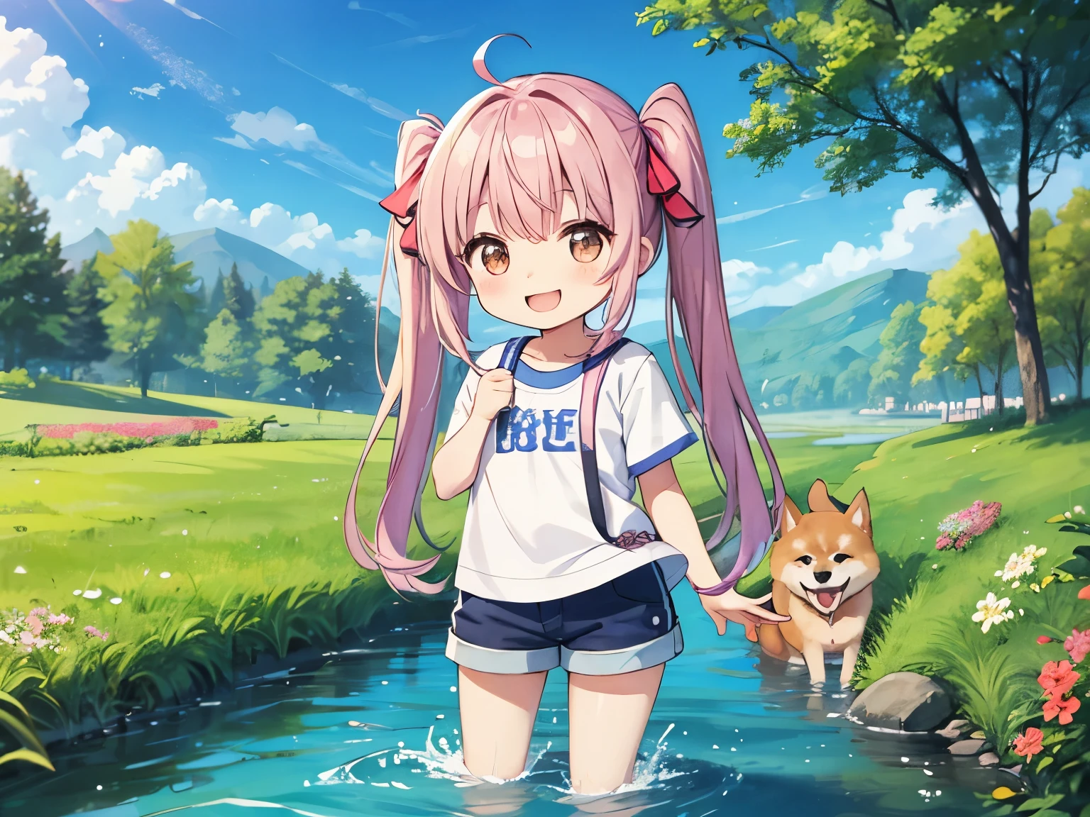 Light blue long hair、Beautiful girl with twin tails、Wearing shorts、A very happy smile、Bigger in the center、Playing in the river with a Shiba Inu、The dog is happy too、Chibi Character、blue sky、Beautiful flowers are blooming on the riverbank