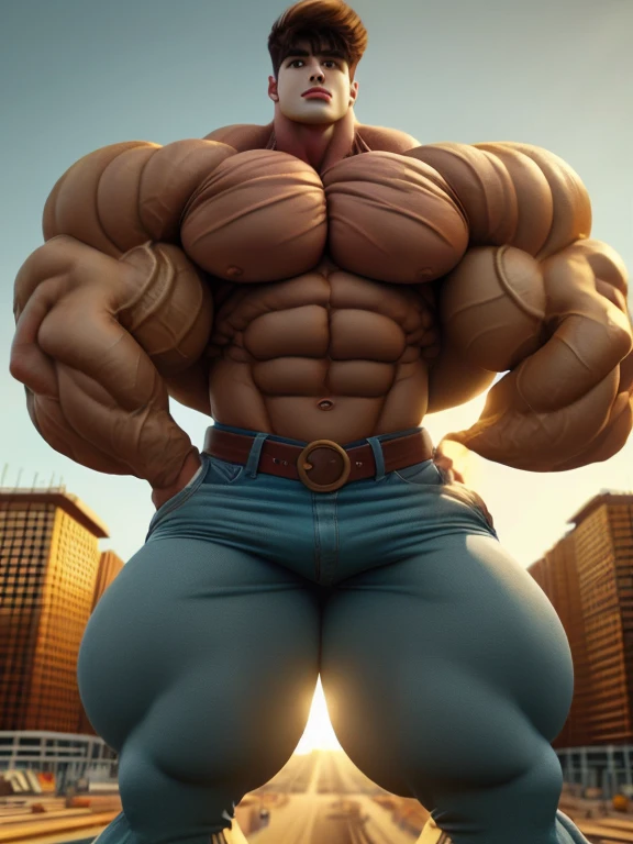 1boy, giant, model shoot style, looking at viewer, standing, illuminating light, golden hour, outdoor, strong body, bulk, swollen, buff body, large size, wide pecs, huge arms, vascular, posing, in the construction area, belt, & pants, prominent bulge, brutalmass