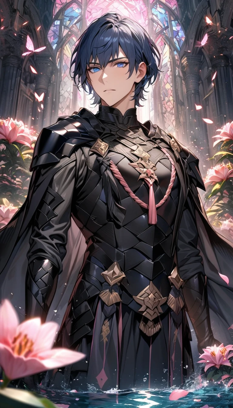 absurdres, highres, ultra detailed, HDR, master piece, best quality, Byleth, short dark blue hair, expressive blue eyes, Fire Emblem Three Houses, solo, sexy man, handsome, black cape, black armor, black gloves, patterns, toned chest, glass stained window, pink shining butterflies, pink lilies, pink petals, water