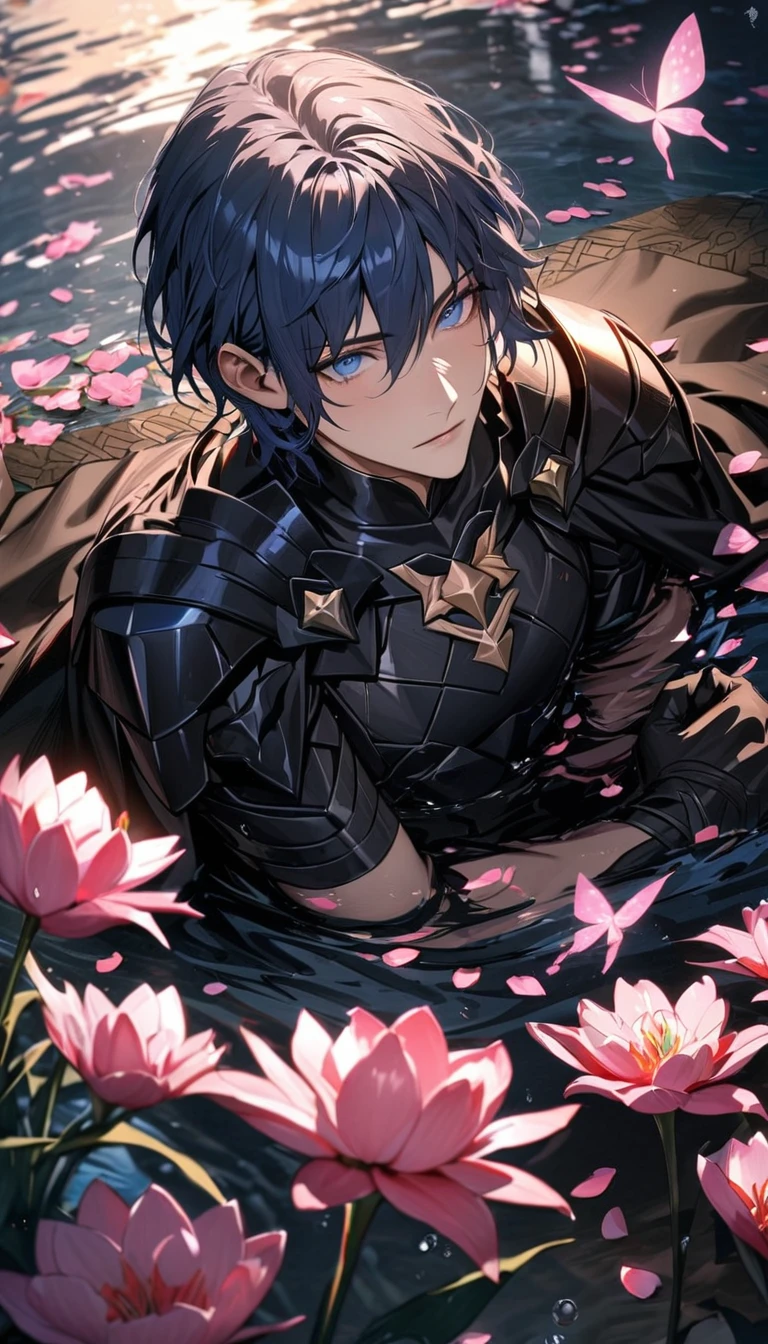 absurdres, highres, ultra detailed, HDR, master piece, best quality, Byleth, short dark blue hair, expressive blue eyes, short hair, Fire Emblem Three Houses, solo, sexy man, handsome, black cape, black armor, black gloves, patterns, pink shining butterflies, pink lilies, pink petals, water