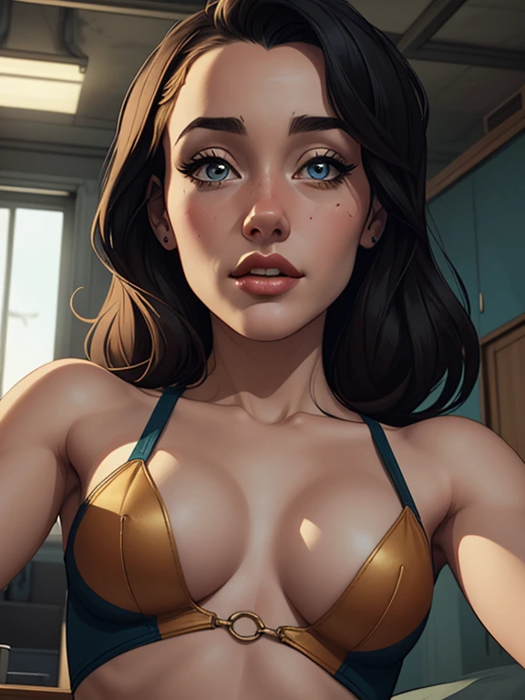 Personagem mulher estilo atompunk Fallout 4 cabelos pretos atriz Ella Purnell com marcas de guerras Imagem de desenho animado de uma mulher .Ilustracaoo estilo desenho animado, estilo de arte dos desenhos animados, estilo de arte dos desenhos animados, digital illustration style, estilo atompunk design de personagens altamente detalhado, arte digital detalhada coragem,actress Ella Purnell with black hair slim body Forest fan art, Design de cabelos pretos personagens de retrato, beautiful digital illustration, retrato de alta qualidade, Arte em quadrinhos, s . Eyelined eyes, medium bust and wonderful sexy clothes. image expression of sexual desire from waist to head illustration atompunk style Fallout 4 The perspective is from below, enfatizando a majestade e o poder da Gigante."atriz Ella Purnell cabelos pretos
