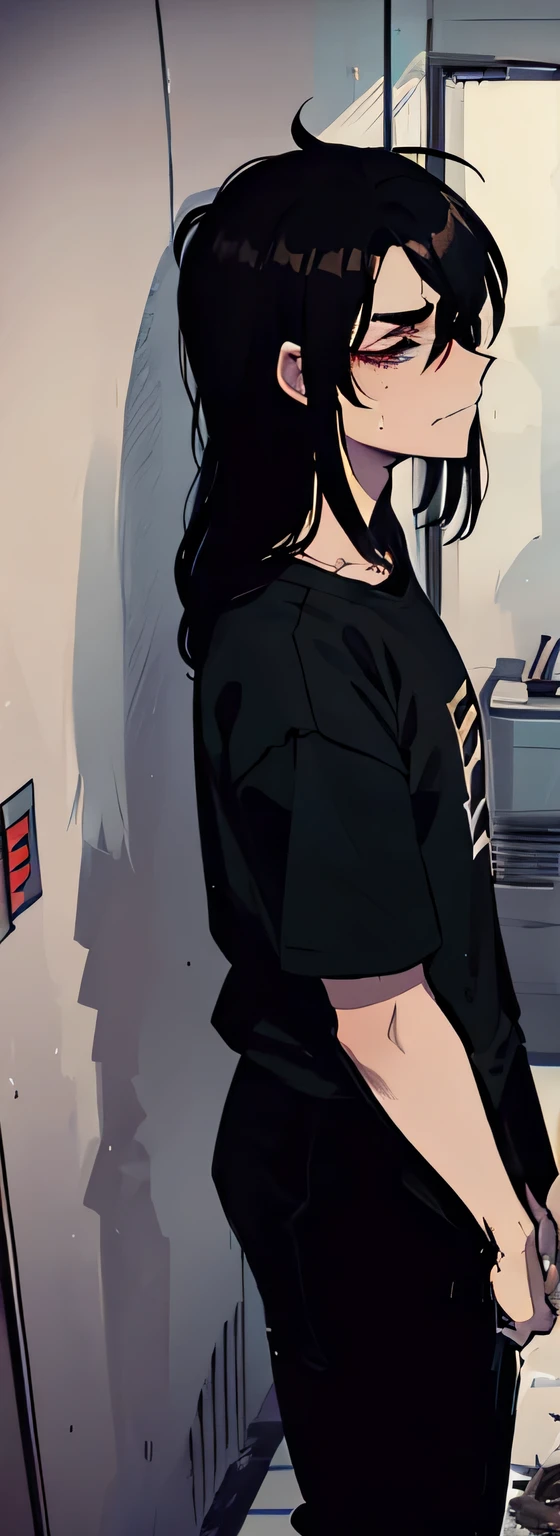 1 male, skinny, janitor, long black greasy unkempt hair, tall, in bathroom of mcdonalds, angry at the world, slayer metal t-shirt, black pants, skinny, embittered and angry in the dark grungey bathroom, dirty bathroom urinal and bathroom stalls, stinky gross dirty filthy.