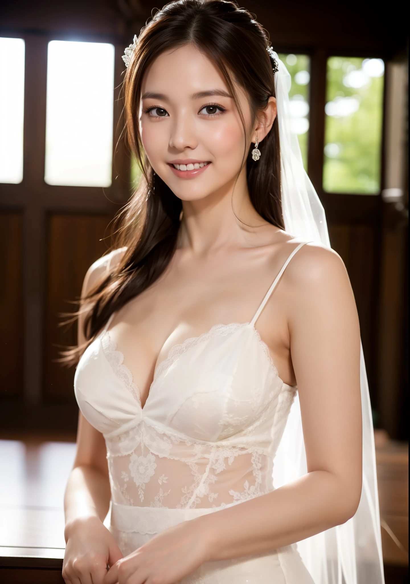 Beautiful 25 year old  woman。She is wearing a summer wedding dress. She is smiling on illuminated by the evening church lights . romantic sunset. her dark brown hair. High resolution、masterpiece、highest quality、頭w:1.0、((Hasselblad Photos))、fine skin、(movie lighting)、clavicle . full body picture.