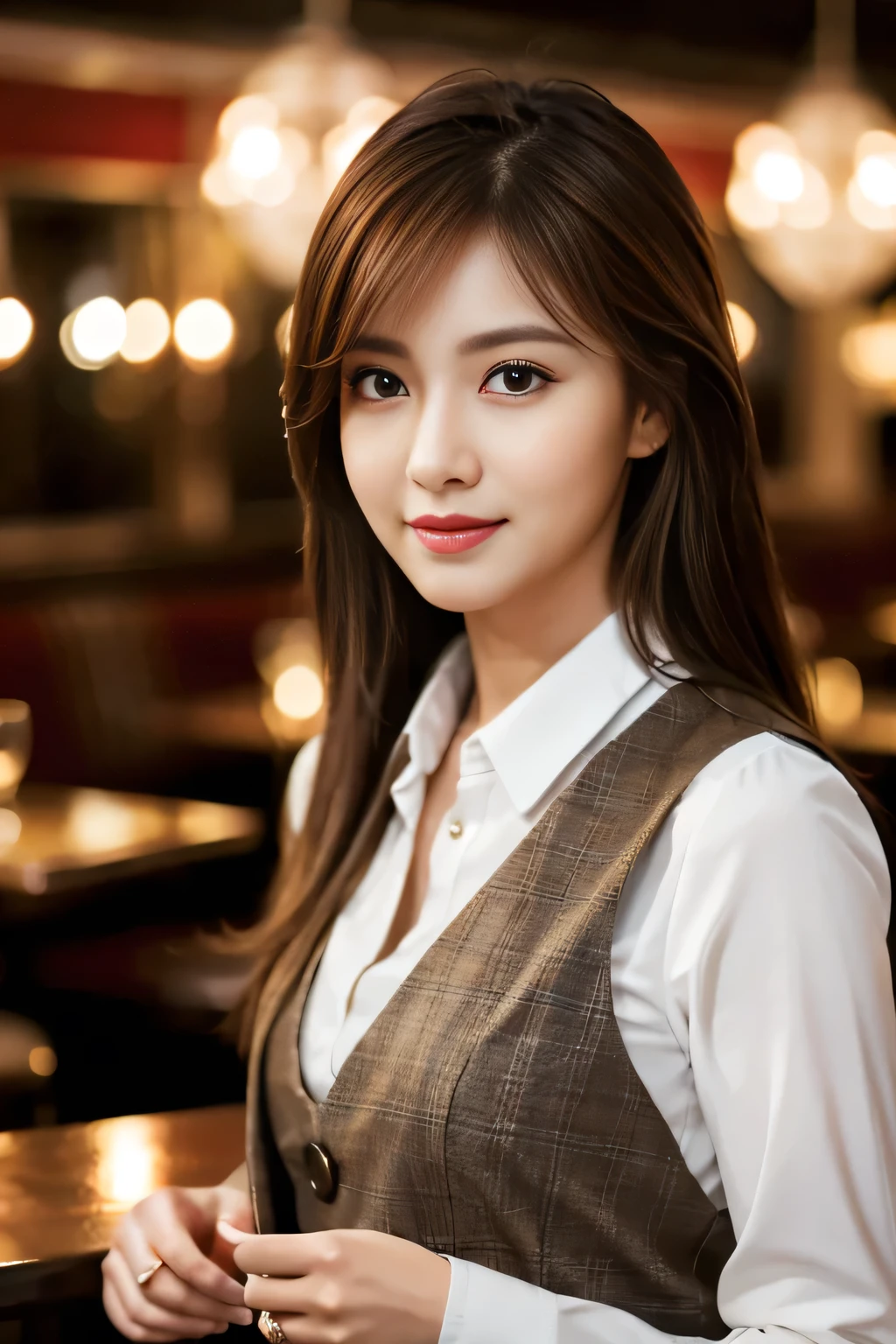 masterpiece, highest quality, Realistic, Very detailed, Finer details, High resolution, 8k wallpaper, One beautiful woman, Wear casual business attire, In a great restaurant, At night, Light brown messy hair, Perfect dynamic composition, Beautiful and beautiful eyes