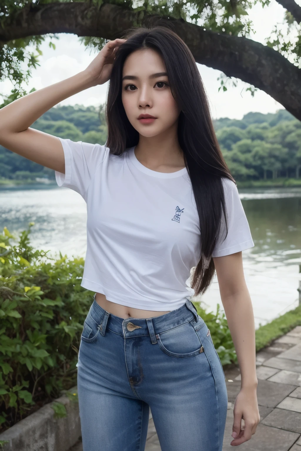 a cute Thai Woman, look at viewer, long hair, tight t-shirt, short jeans, medium closeup body shot, dynamic pose, cloud, day, sky, outdoors, scenery, tree, water,