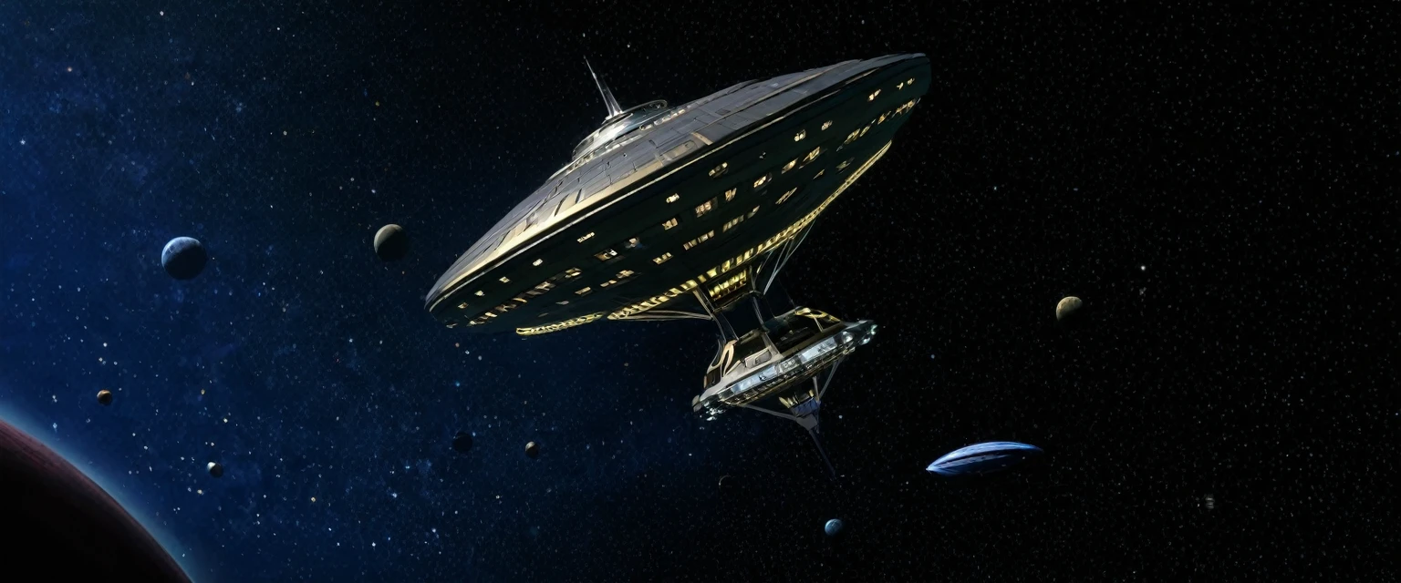 A starship with a pair of sneakers shaped 108' main body. It has twin nacels, that are 24' in diameter with a bright yellow light emanating from its center, on a 45° and 48' above the back of the Starship. There's parallelogram shaped upper section, that is 24' high by 144 long by 96' wide, at a 75° from the main body. It's color scheme is dark gold, and forest green. The sneakers are chrome platinum cobalt steel & are adorned with pomegranate hues on their edges. The laces are chrome steel with a dark blue hues. It's flying by a massive Titan-Earth-like planet, that has a few moons. The cosmos around the ship is filled with stars. There are some ships, of various shapes, sizes, & colors in the background, and small ones in the foreground.