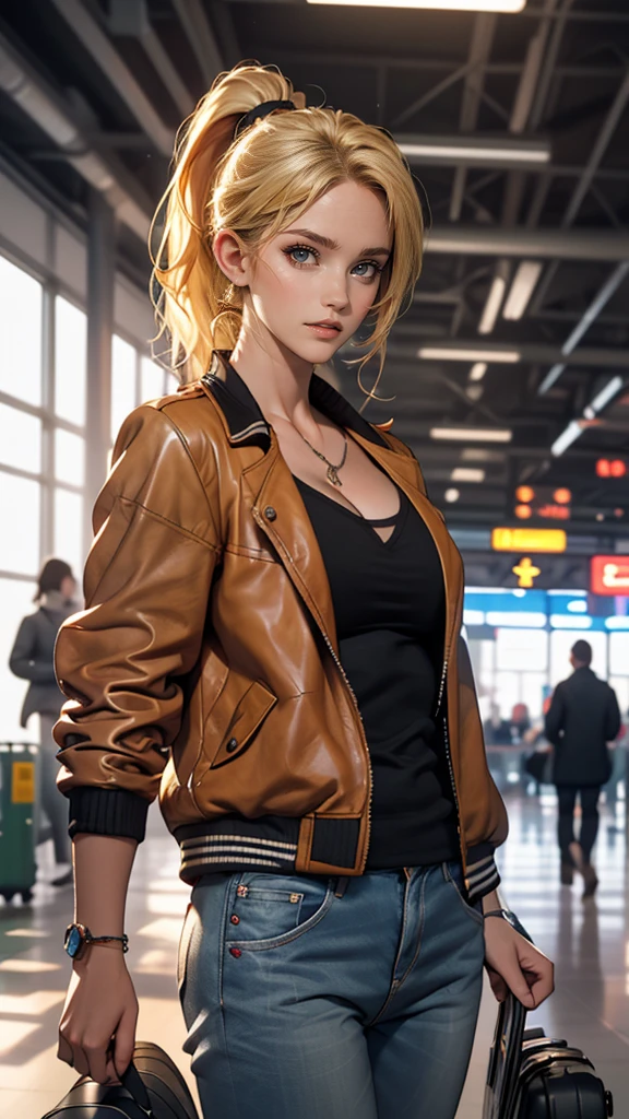 (highest quality:1.0), (Ultra-high resolution:1.0) ,(Realistic:1.0), (Very detailed:1.0), (8k, RAW Photos:1.1), ((Anatomically accurate arm(1.7), Anatomically correct fingers(1.7))), One Girl, alone, face, Portraiture, Long Hair, ponytail, blonde, Green Eyes, Large Breasts, (Leather flight jacket:1.2) , Cleavage, Air Force Base, airport, Blushing, Looking at the audience,