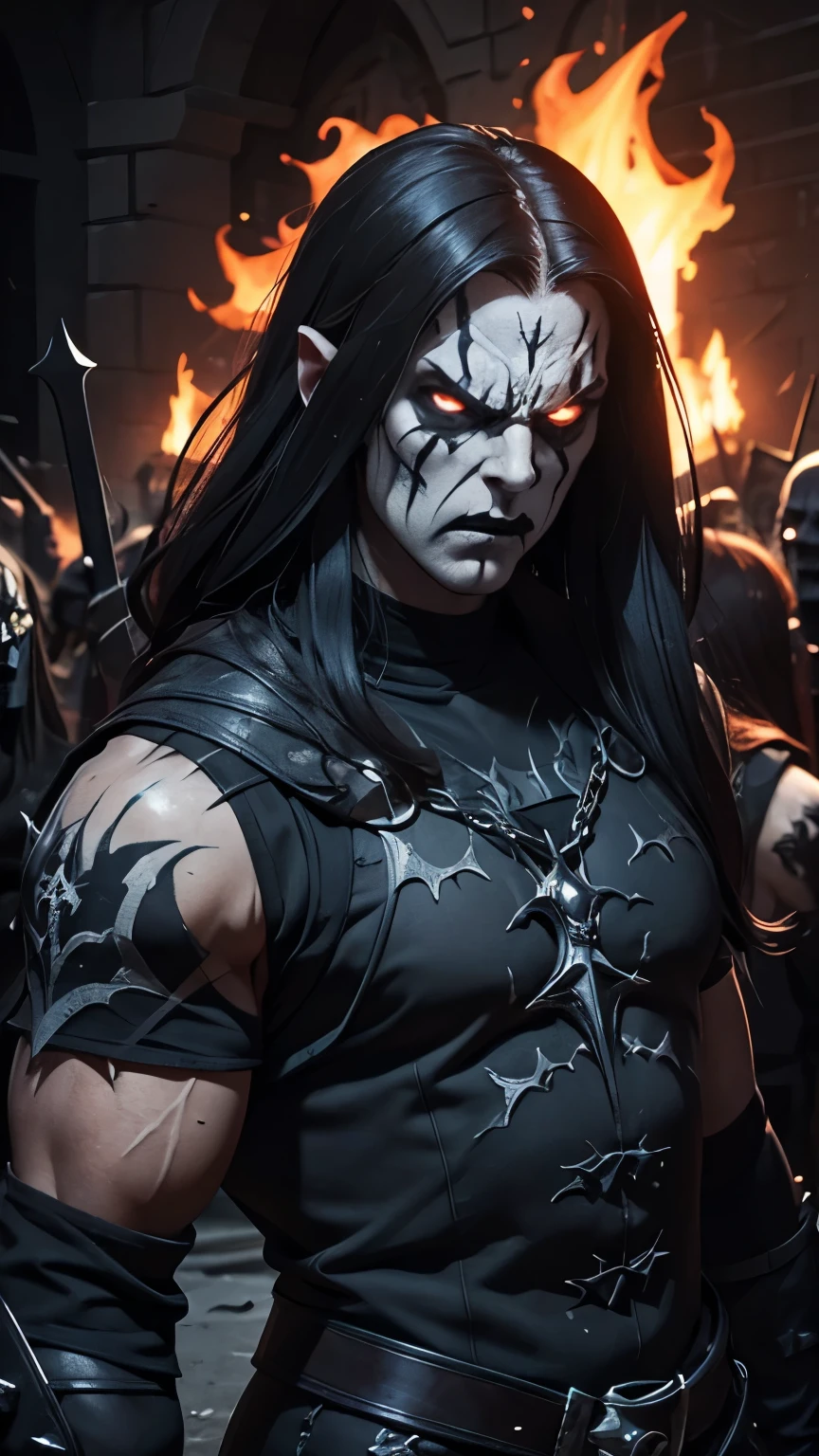 (masterpiece, best quality:1.2), (((1man, male))) , solo, highres, best quality, Half body shot of a strong Man, pale white skin angry man with (((black metal corpsy paint))), ((Angry face)) , heavy White and Black face paint, wearing a black and silver armor, spike, in a gothic cemitery, at night, horror movie. high details, super detail, textured skin, masterpiece, UHD, 4K, 8k. ((Cinematic lighting)). Church on fire background 