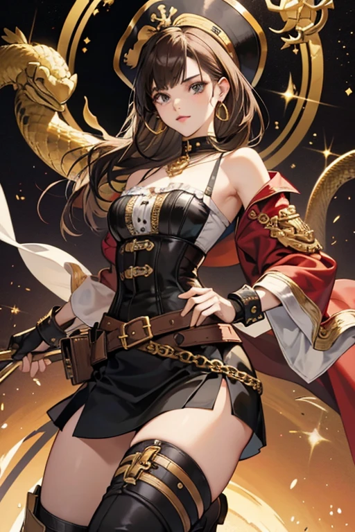 Anna wears her hair in a neck length short bob hairstyle. Female Pirate" outfit consists of a ruffled, white, off the shoulder blouse under a black leather corset one piece with gold studs and and circle buckles down the front. The straps of the one piece meet at a gold ring at the center of her upper back, and the straps along her back also have gold studs. She wears a red shawl around her waist as well as a brown belt with a gold buckle that has a small chain attached, and at the back of her belt are three hip packs with matching gold buckles. On each upper thigh she wears brown leather garters with gold studs and gold fasteners at the front and back of her leg that have a rose design. With this outfit, she wears knee-high dark brown leather boots with folded cuffs, metal toes and soles, and light brown laces over torn black stockings. She also wears brown fingerless gloves, a black eye patch with gold studs and a gold rose emblem, large gold hoop earrings, two rings on either hand, and a gold necklace with a round pendant. Anna's pirate hat is black with a gold brim and a gold anchor design at the front surrounded by a gold snake. At the top of her hat is a large, white, feather plume. SPARKLE; GLITTER
