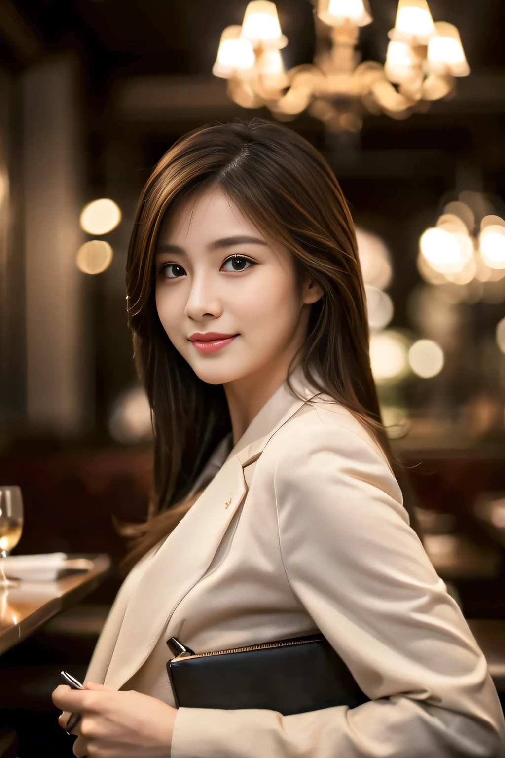 masterpiece, highest quality, Realistic, Very detailed, Finer details, High resolution, 8k wallpaper, One beautiful woman, Wear casual business attire, In a great restaurant, At night, Light brown messy hair, Perfect dynamic composition, Beautiful and beautiful eyes