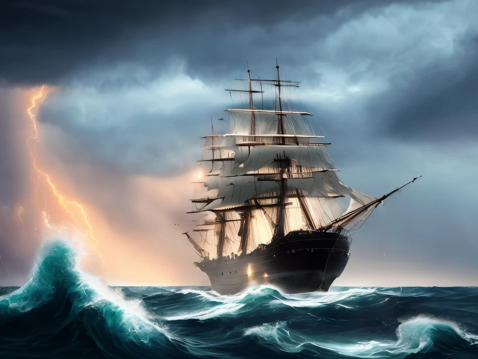 Only one very high quality ocean ghost ship
The weather is stormy in the evening