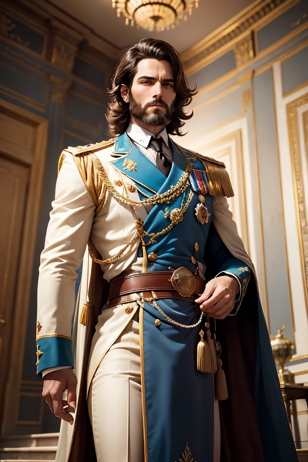 un rey en un palacio, Palacio Real de Lujo, volumetric lighting, 8k resolution, fotorrealista, calidad ultra alta, fondo opulento y detallado, Medium-length dark brown hair, pelo despeinado, barba completa, Con una elegante armadura de batalla india real, serious expression