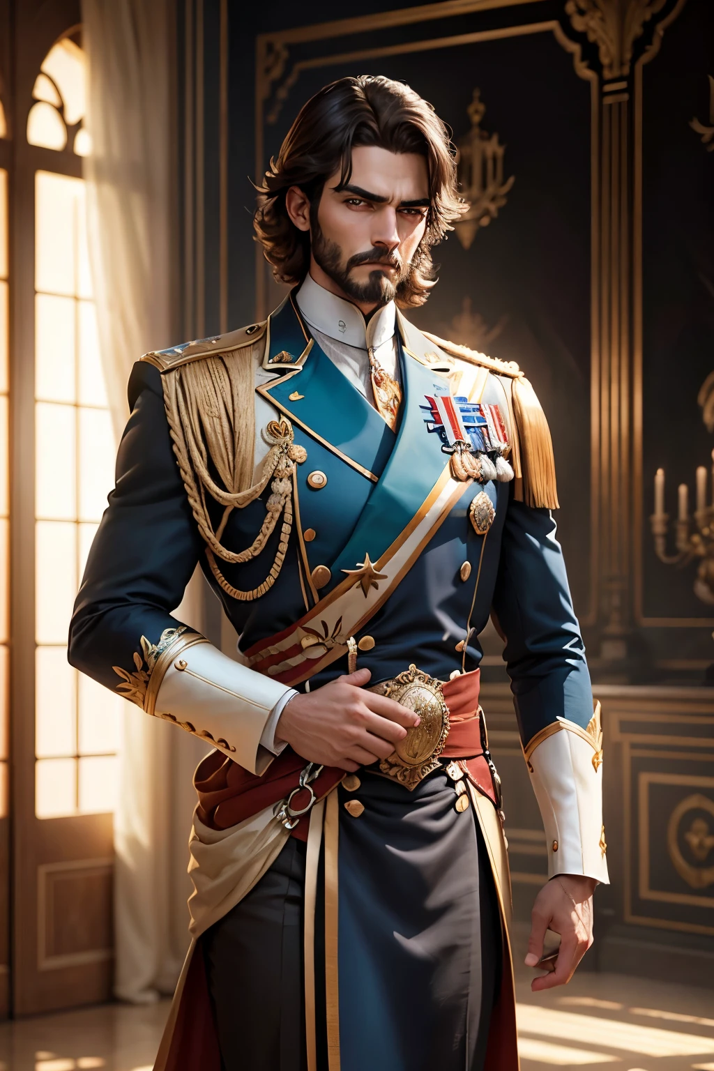 un rey en un palacio, Palacio Real de Lujo, volumetric lighting, 8k resolution, fotorrealista, calidad ultra alta, fondo opulento y detallado, Medium-length dark brown hair, pelo despeinado, barba completa, Con una elegante armadura de batalla india real, serious expression