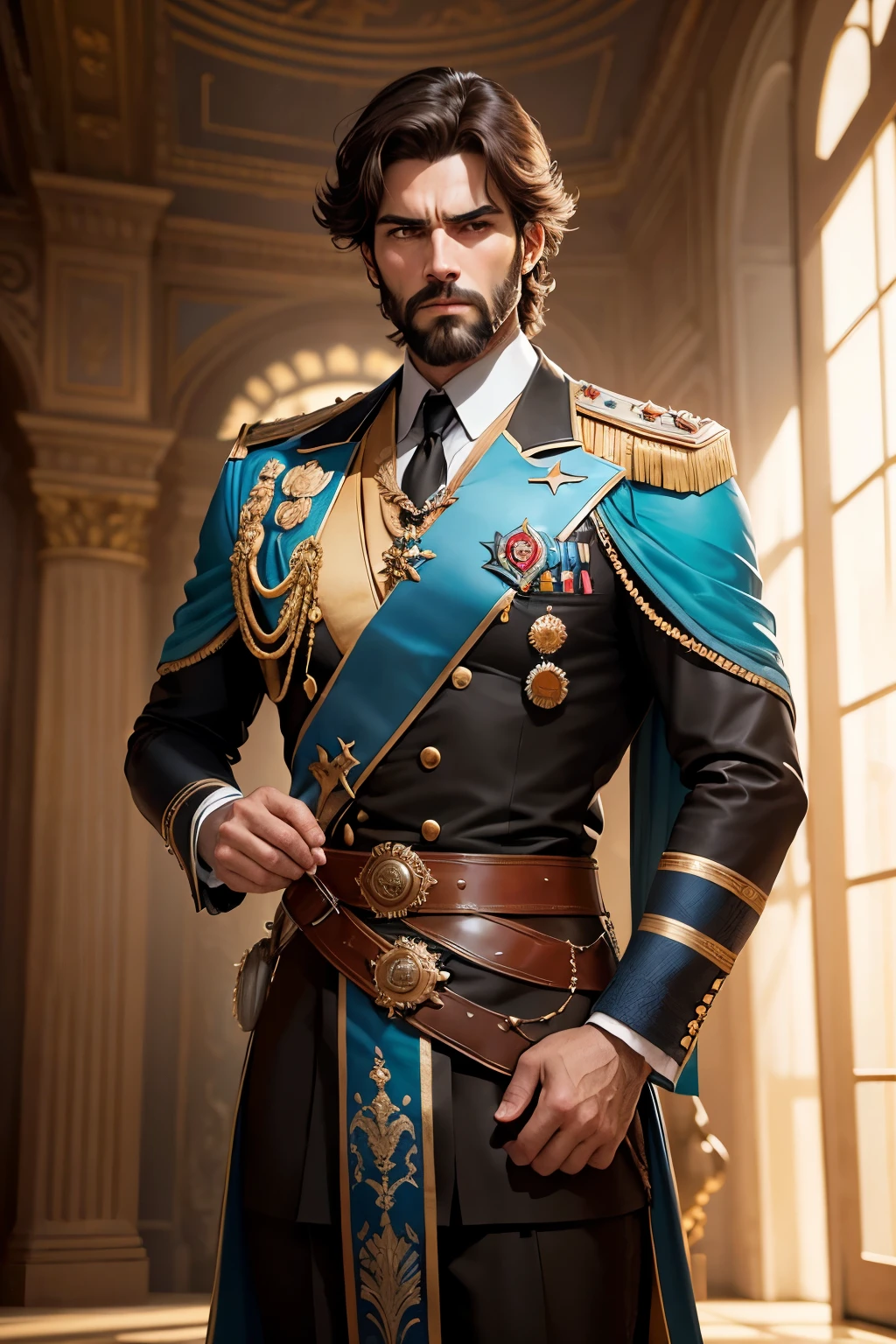 un rey en un palacio, Palacio Real de Lujo, volumetric lighting, 8k resolution, fotorrealista, calidad ultra alta, fondo opulento y detallado, Medium-length dark brown hair, pelo despeinado, barba completa, Con una elegante armadura de batalla india real, serious expression