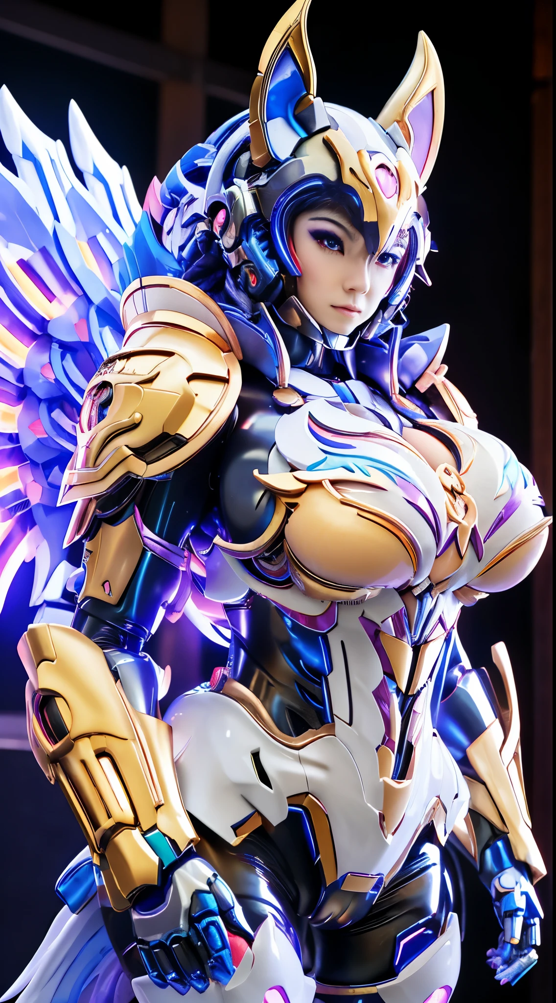 KITSUNE, (GIGANTIC BREASTS, HUGE BREASTS:1.5), RAINBOW COLORED, HETEROCHROMIA EYE, MECHA HEAVY ARMOR, TRANSPARANT, SEXY MUSCULAR FEMALE BODY.