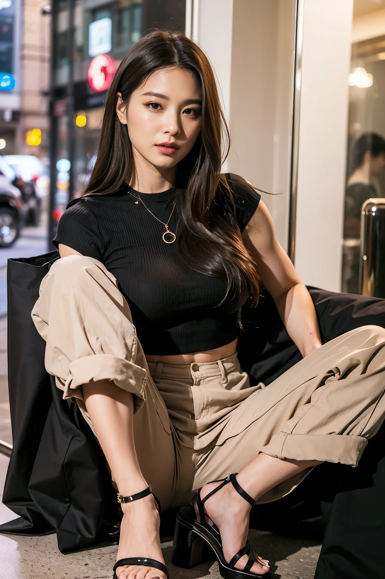 Dark brown hair、Light brown eyes、The Face of Japan、 Lady、I am about 40 years old...1 person、(Intricate details:1.2)、 (Ultra-high resolution:1.2)、Ultra-high resolution、(Finely tuned)、8k resolution、D cup size breasts、Long Hair、masterpiece,highest quality、street、Parachute pants、Heeled Sandals Knee Bag、Beautiful legs、Crop top、Trending Fashion、A show window in Omotesando、In the background you can see luxury brand shops..、Looking at a shop window、Turn your ass towards me、