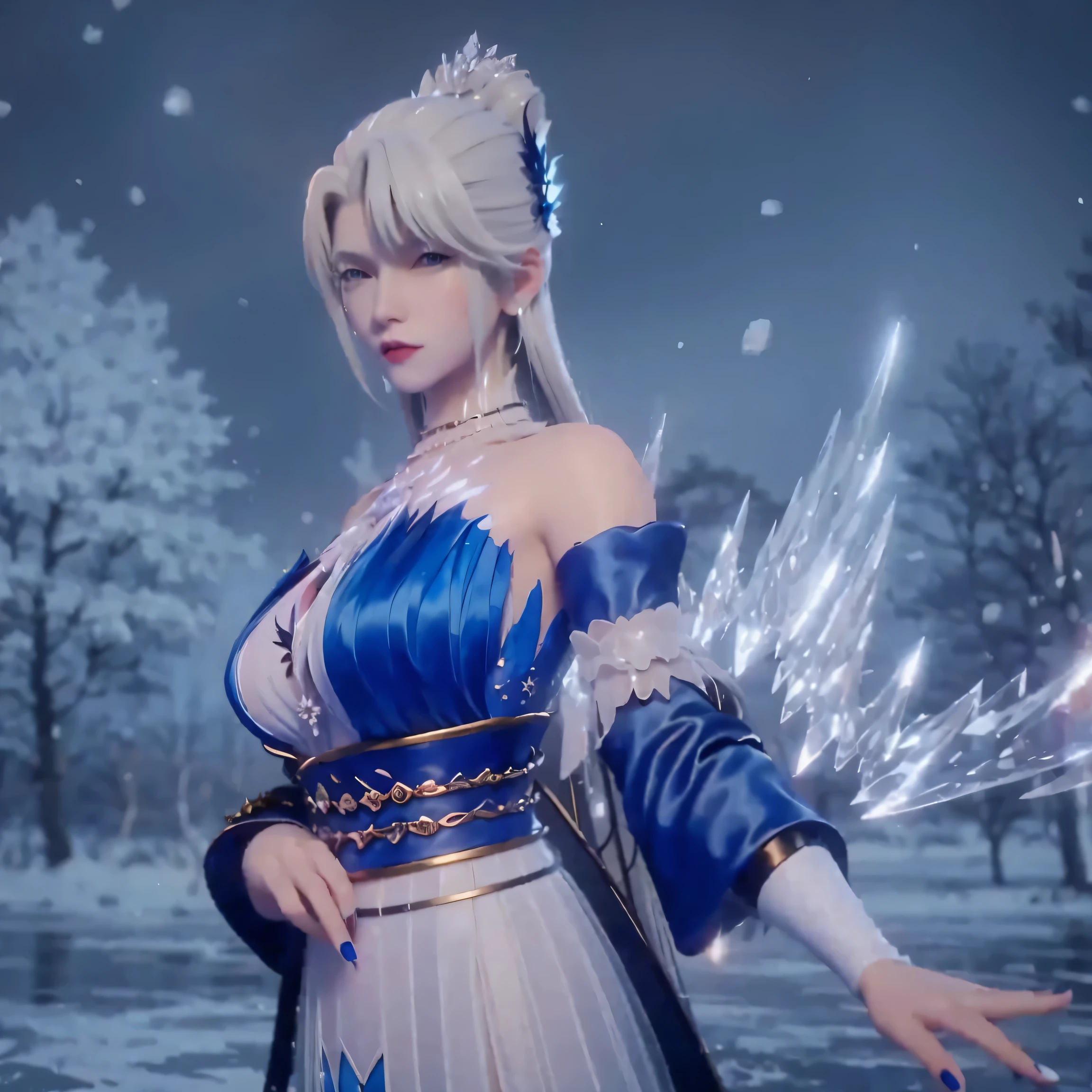 (masterpiece, best quality:1.2), A beautiful girl in a traditional blue dress, platinum hair, jewelry, white skin, perfect body, big breasts, scenery of ice and snow, snowflakes, Photo taken of 3/4 people, Portrait, 