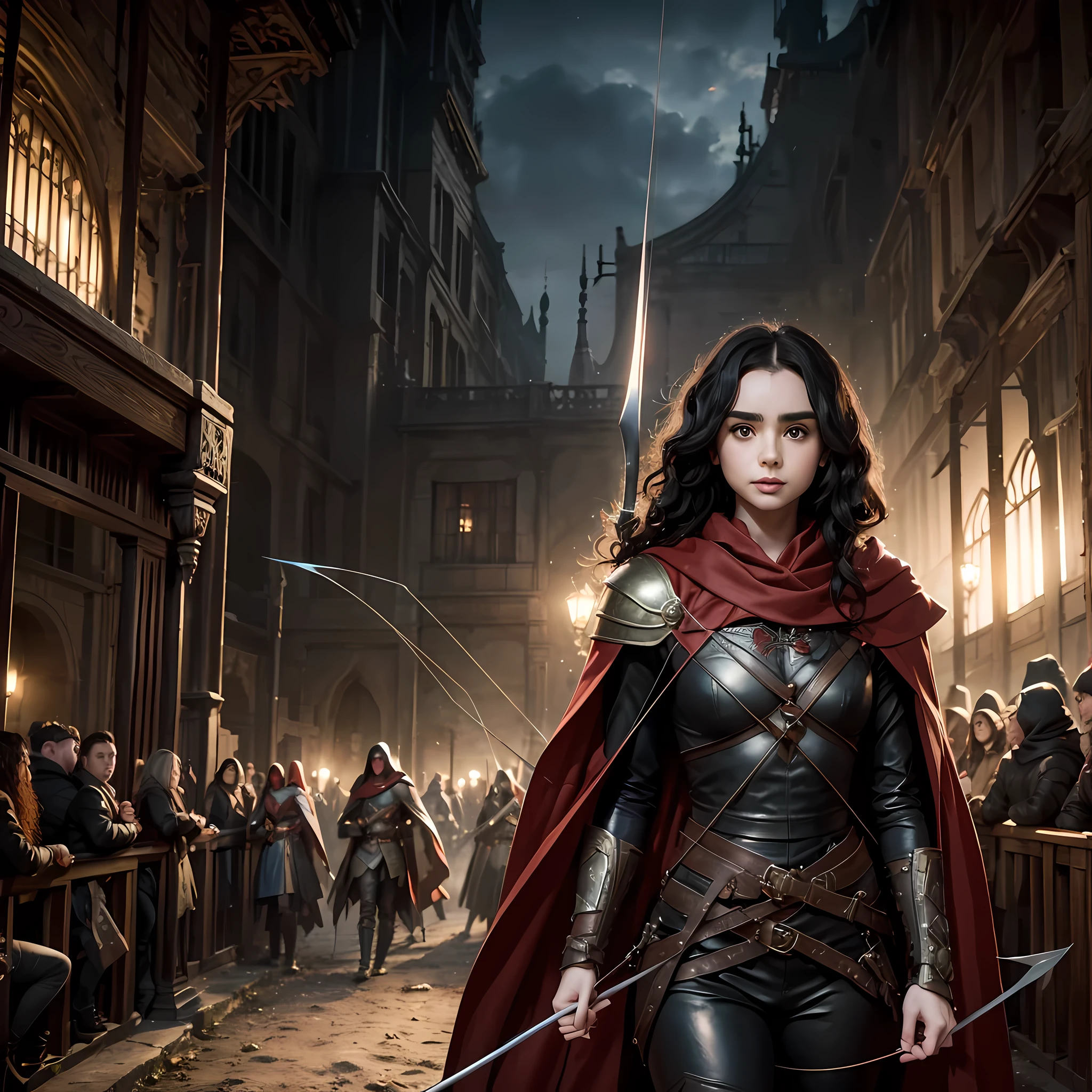 Lily Collins with black curly hair with red hood, medieval clothes, bow and arrow in hand, entering an arena landscape filled with bleachers and audience watching the illustration is detailed, smooth and bright, HD art by Citemer Liu