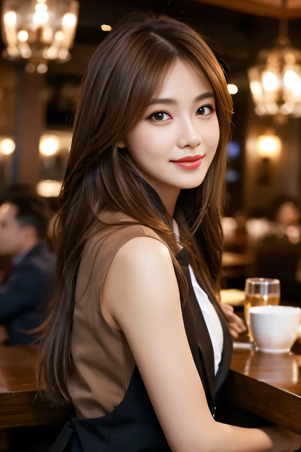 masterpiece, highest quality, Realistic, Very detailed, Finer details, High resolution, 8k wallpaper, One beautiful woman, Wear casual business attire, In a great restaurant, At night, Light brown messy hair, Perfect dynamic composition, Beautiful and beautiful eyes