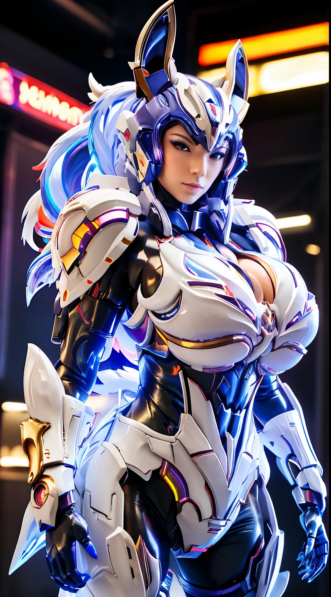KITSUNE, (GIGANTIC BREASTS, HUGE BREASTS:1.5), RAINBOW COLORED, HETEROCHROMIA EYE, MECHA HEAVY ARMOR, TRANSPARANT, SEXY MUSCULAR FEMALE BODY.