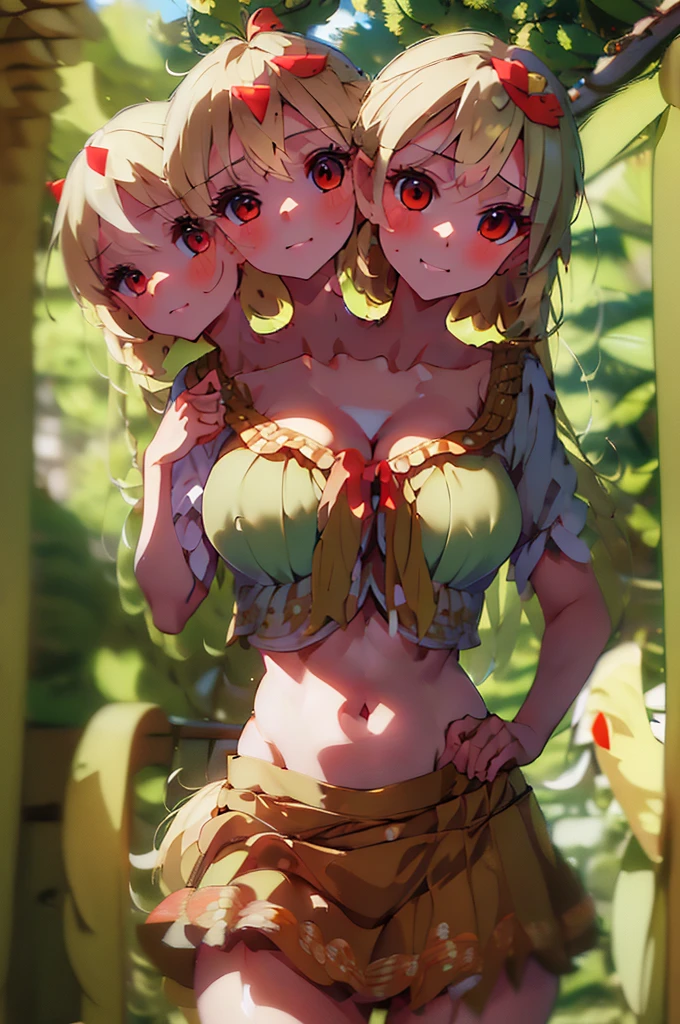 (masterpiece, best quality),best quality, best resolution, (ultra-detailed), (3heads:1.5), 1girl, (Kutaka Niwatari:1.3), masterpiece, best quality, ultra qaulity, ultra resolution, ultra detail, orange puritan and white top, crop top, ((stomach)), midriff, ((groin)), orange-brown skirt, miniskirt, normal ears, shackles, light yellow hair, very long hair, wavy hair, sidelocks, red eyes, parted lips, single horn, sweat, cute, toned belly, hand on own chest, eyelashes, (24 year old woman:1.3), (masterpiece:1.5), (best quality:1.5), (beautiful detailed), extremely detailed CG, extremely delicate and beautiful, depth of field, (finely detailed face), (perfect details:1.2), (mature female:1.3), wide pelvis, slender, large veiny breast, 16k resolution, highres, high quality, high definition, extremely detailed, masterpiece, light yellow hair, long hair, alluring presence, twin braid, short skirt, close up, big tits, young, fluffy yellow wings, bushy, feathery tail, red nest-like extension,