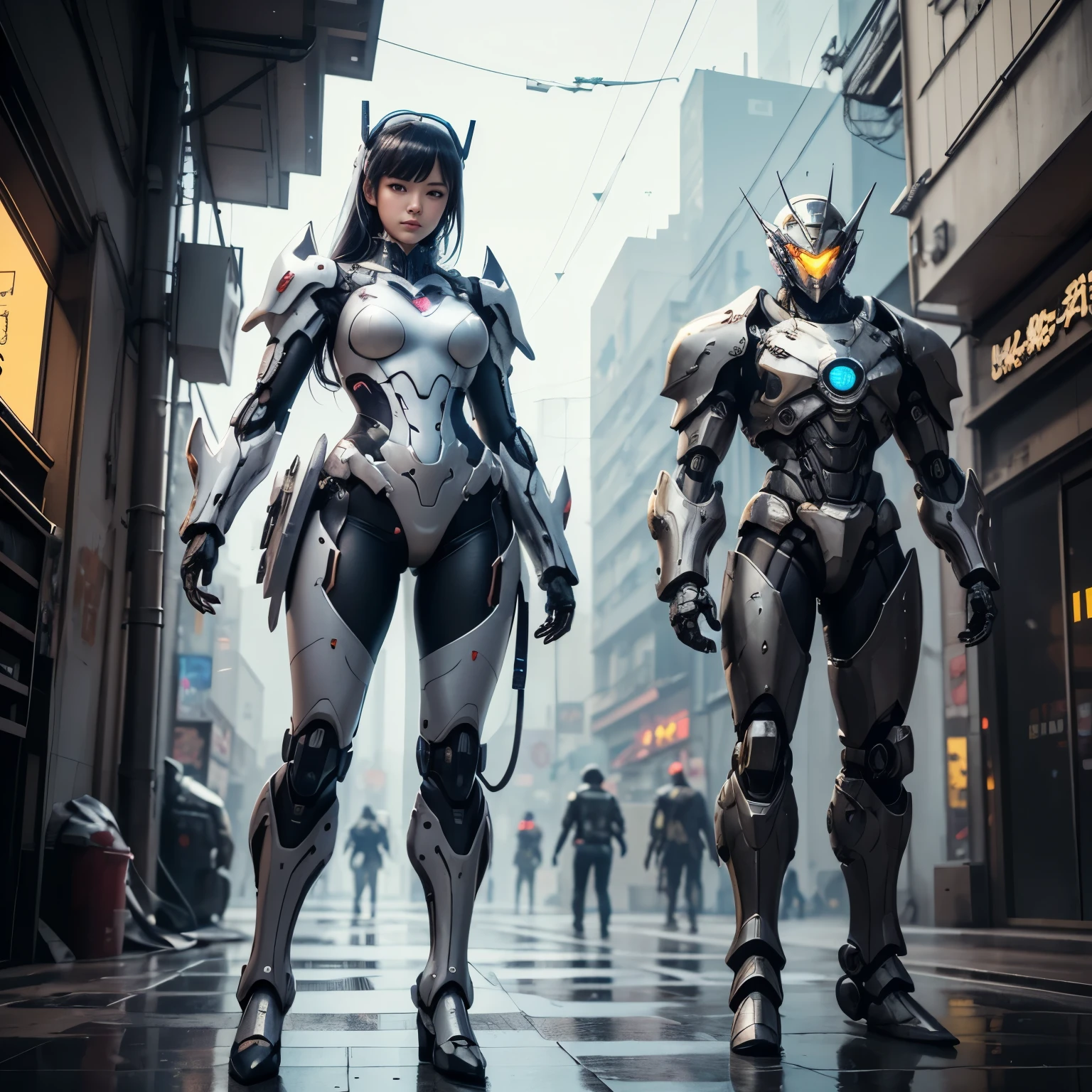 (Masterpiece: 1.2), (realistic, photorealistic: 1.2), (ultra detailed body parts), (high quality: 1.1), 16k, Anime girl in metal suit standing next to a giant mecha, artwork in the style of guweiz, Cyberpunk anime girl mecha, Trending on CGSTATION, guweiz, By Russell Dongjun Lu, Digital Cyberpunk Anime Art, guweiz on artstation pixiv, Girl in Mecha Cyber Armor