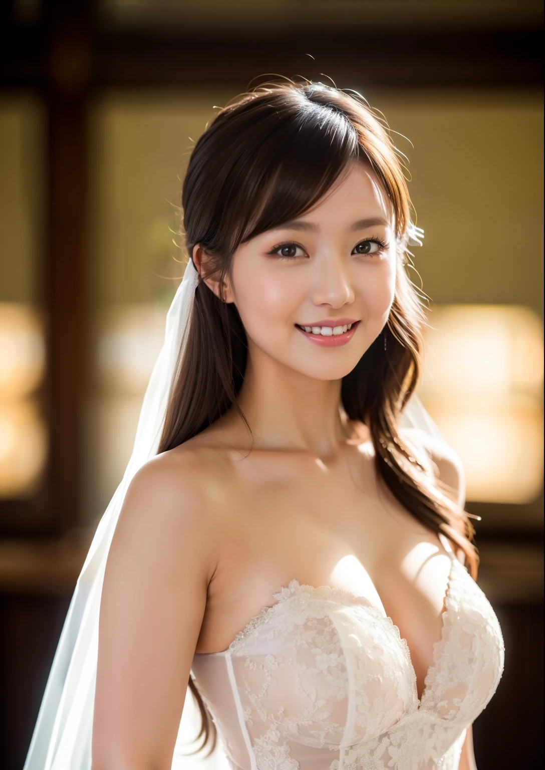 Beautiful 25 year old  woman。She is wearing a summer wedding dress. She is smiling on illuminated by the evening church lights . romantic sunset. her dark brown hair. High resolution、masterpiece、highest quality、頭w:1.0、((Hasselblad Photos))、fine skin、(movie lighting)、clavicle . full body picture.