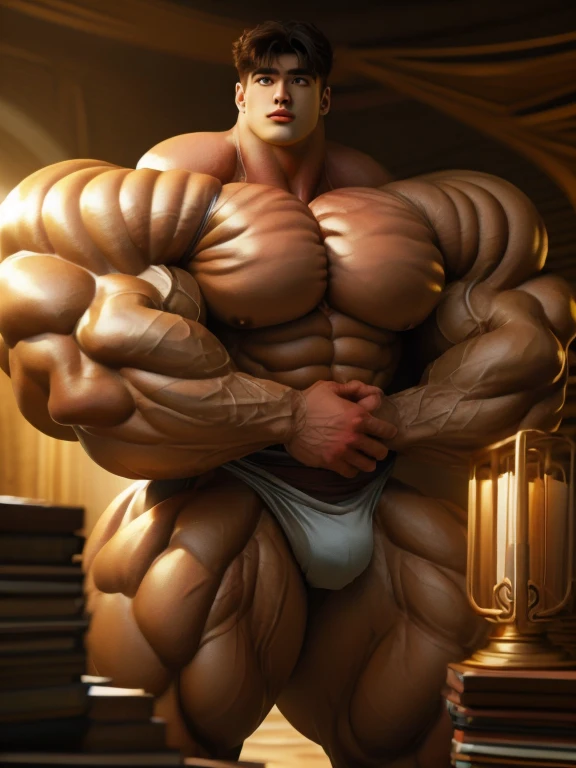 1boy, giant, model shoot style, looking at viewer, standing, illuminating light, golden hour, outdoor, strong body, bulk, swollen, buff body, large size, wide pecs, huge arms, vascular, posing, in the dungeon room, majestic underpants, prominent bulge, brutalmass