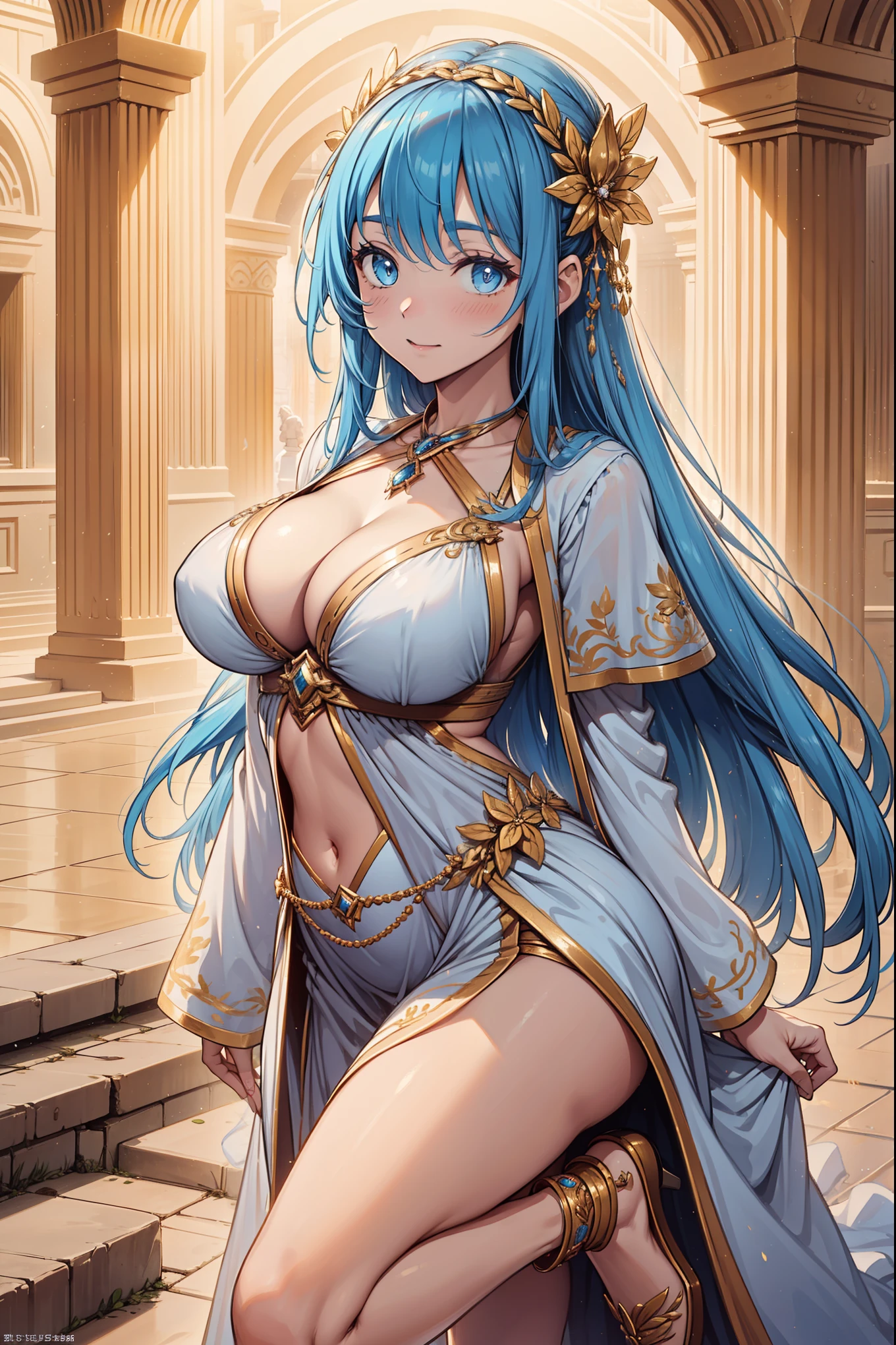 (Best quality, A high resolution, Textured skin, High quality, High details, High details,Extremely detailed CG unity), (female) Enchanted,having fun,Being in love,philosopher in fantasy world, very long hair, a lot of hair, light sky blue hair, sexy hair, hair decoration, wearing white toga, wearing greek toga clothing, white clothing, white and gold, golden shoes, gold greek women shoes, large breasts, mature body, female philosopher, solo person,Dazzle, woman, beautiful, (in ancient greece), posing, model posing, greek goddess