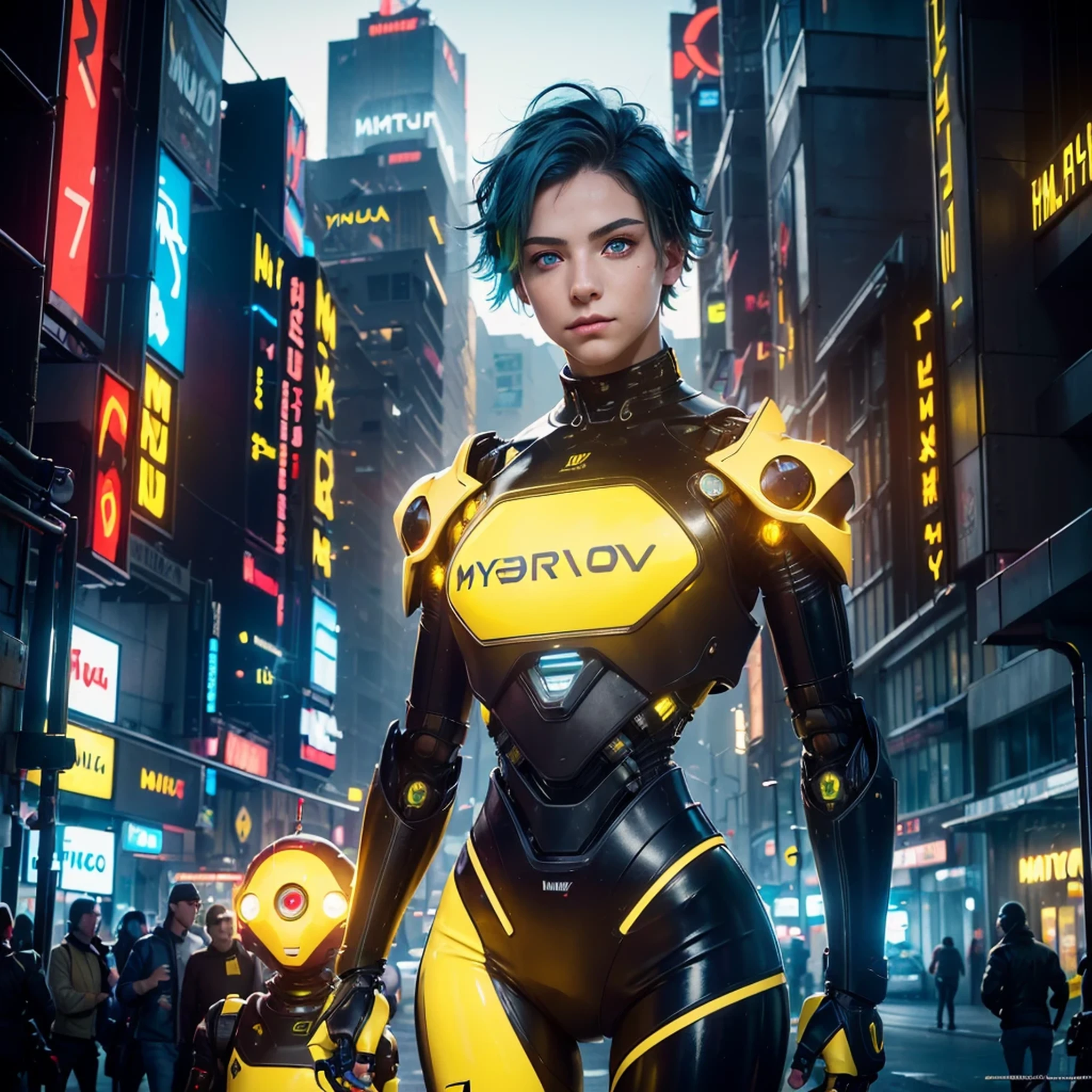 (masterpiece:1.3), (best cinematic quality:1.2), (extremely detailed setting:1), (soft+artistic lighting), (1boy), short blue haired, (eyes+yellow+red:1.4), (multicolored eyes+heterochromia), wearing cyberpunk clothes, futuristic, technological, city scenery with (robots around)0.4], giving dramatic scenery.