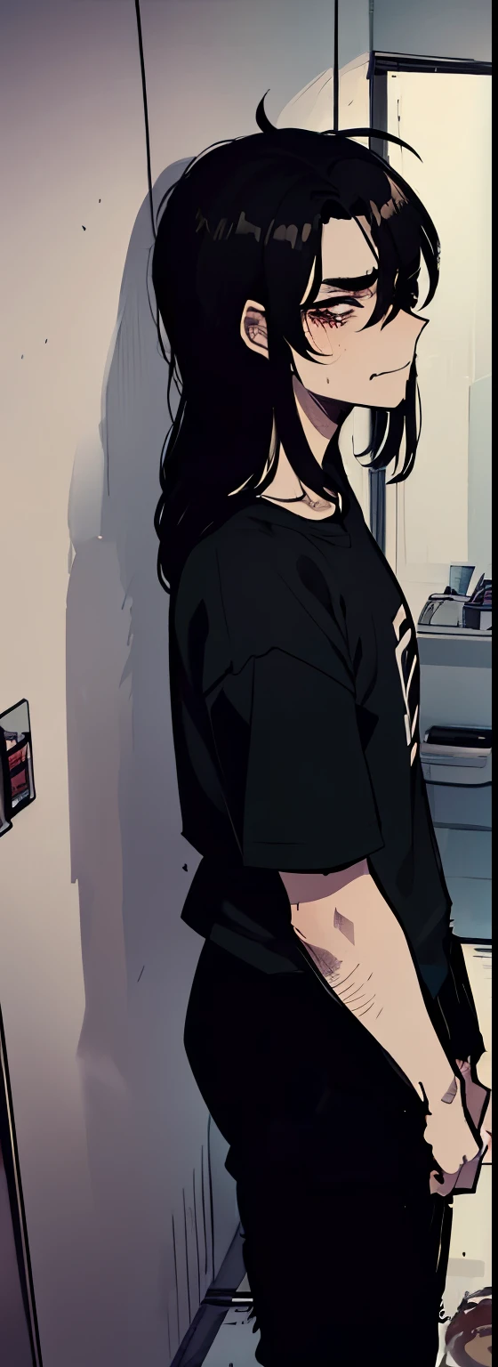 1 male, skinny, janitor, long black greasy unkempt hair, tall, in bathroom of mcdonalds, angry at the world, slayer metal t-shirt, black pants, skinny, embittered and angry in the dark grungey bathroom, dirty bathroom urinal and bathroom stalls, stinky gross dirty filthy.
