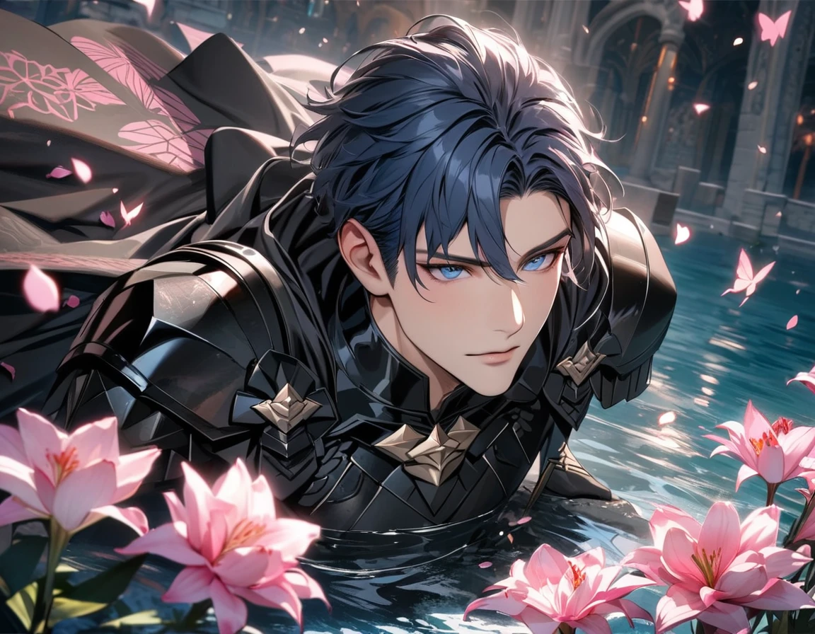 absurdres, highres, ultra detailed, HDR, master piece, best quality, Byleth, short dark blue hair, expressive blue eyes, short hair, Fire Emblem Three Houses, solo, sexy man, handsome, black cape, black armor, black gloves, patterns, pink shining butterflies, pink lilies, pink petals, water