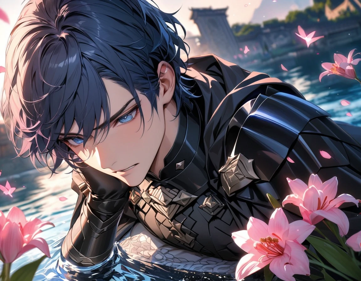 absurdres, highres, ultra detailed, HDR, master piece, best quality, Byleth, short dark blue hair, expressive blue eyes, short hair, Fire Emblem Three Houses, solo, sexy man, handsome, black cape, black armor, black gloves, patterns, pink shining butterflies, pink lilies, pink petals, water