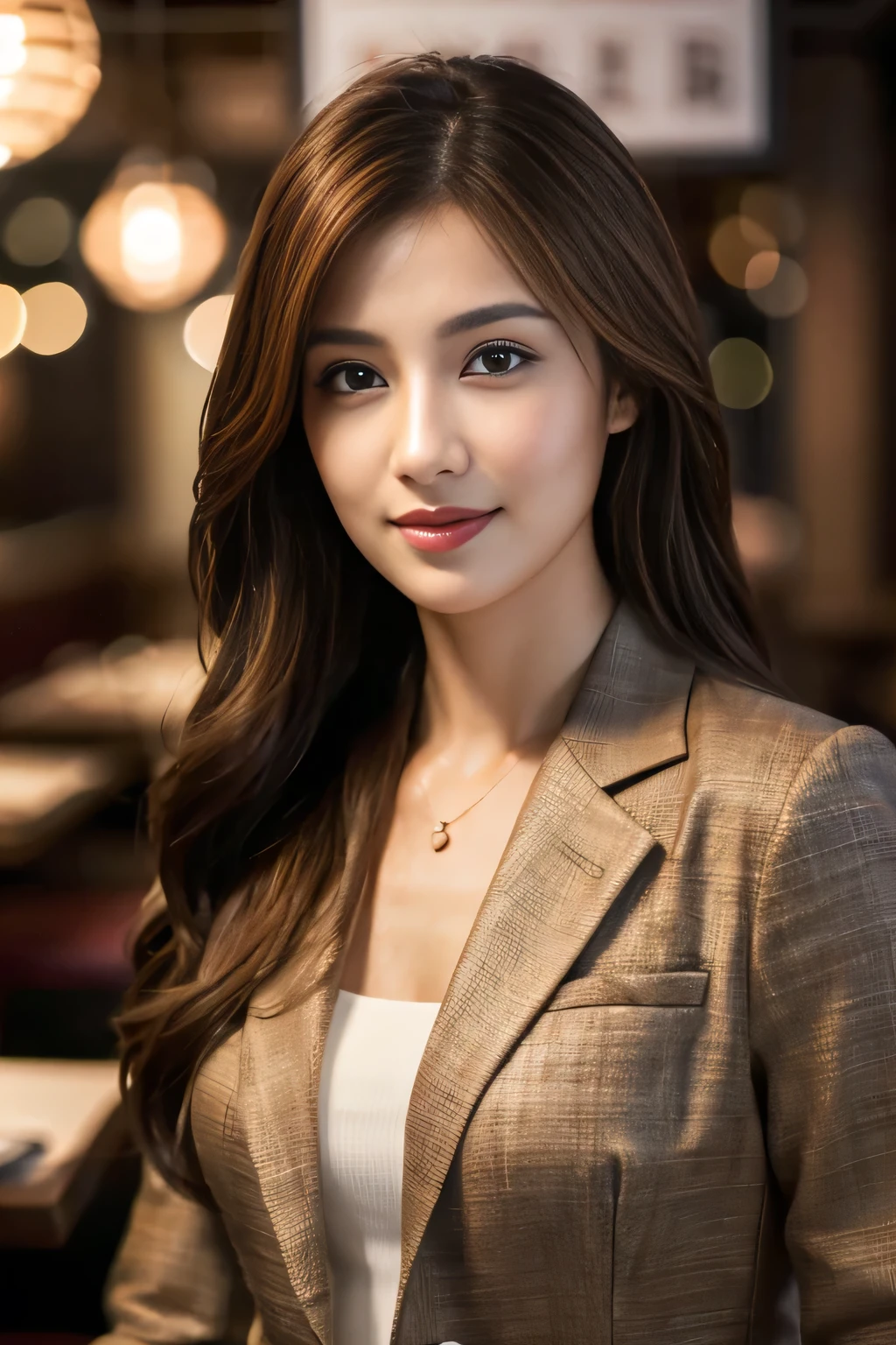 masterpiece, highest quality, Realistic, Very detailed, Finer details, High resolution, 8k wallpaper, One beautiful woman, Wear casual business attire, In a great restaurant, At night, Light brown messy hair, Perfect dynamic composition, Beautiful and beautiful eyes