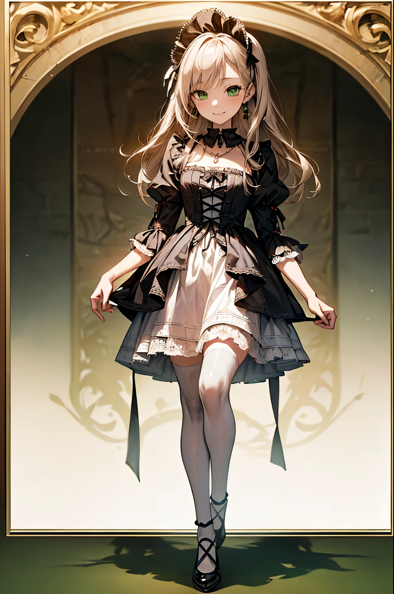 ((Biologically correct number of limbs))、(( Full-body photo including face))、4K、((Standing posture))、Masterpiece、((Focus on the face))、((Symmetrical, well-proportioned facial features))、Eyes with delicate depictions、Beautiful woman、Outstanding style、Slender Body、(stockings、High heels)、Detailed depiction of faces、Small earrings、necklace、((White Gothic ta、Gothic Loli、Fresh green park、tie、(((White oak、White border photo)))、High angle、(smile、Shy expression)、