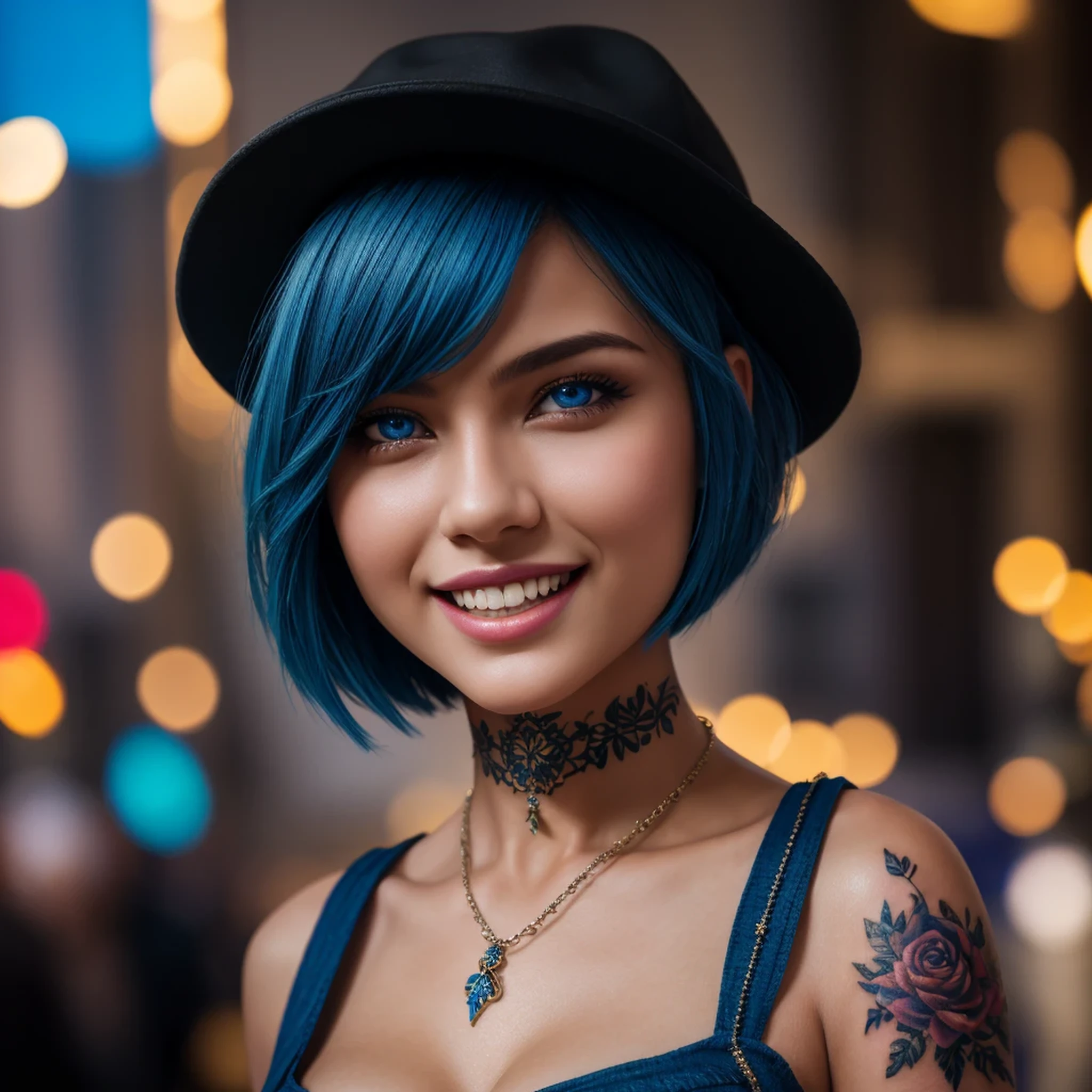 Masterpiece, best quality, high quality, very detailed CG uniform 8k wallpaper, 1girl, solo, blue hair, tattoo, short hair, hat, jewelry, smile, necklace, looking at the audience, hat, realistic, open mouth, teeth, upper body, vest, nose, bare shoulders, artist name, black tiara, collarbone, arm tattoo, blue eyes, lips, blur, oil painting, award winning photography, bokeh, depth of field, HDR, bloom, chromatic aberration, realism, very detailed, artstation Intricate, High Detail, dramatic, art by midjourney